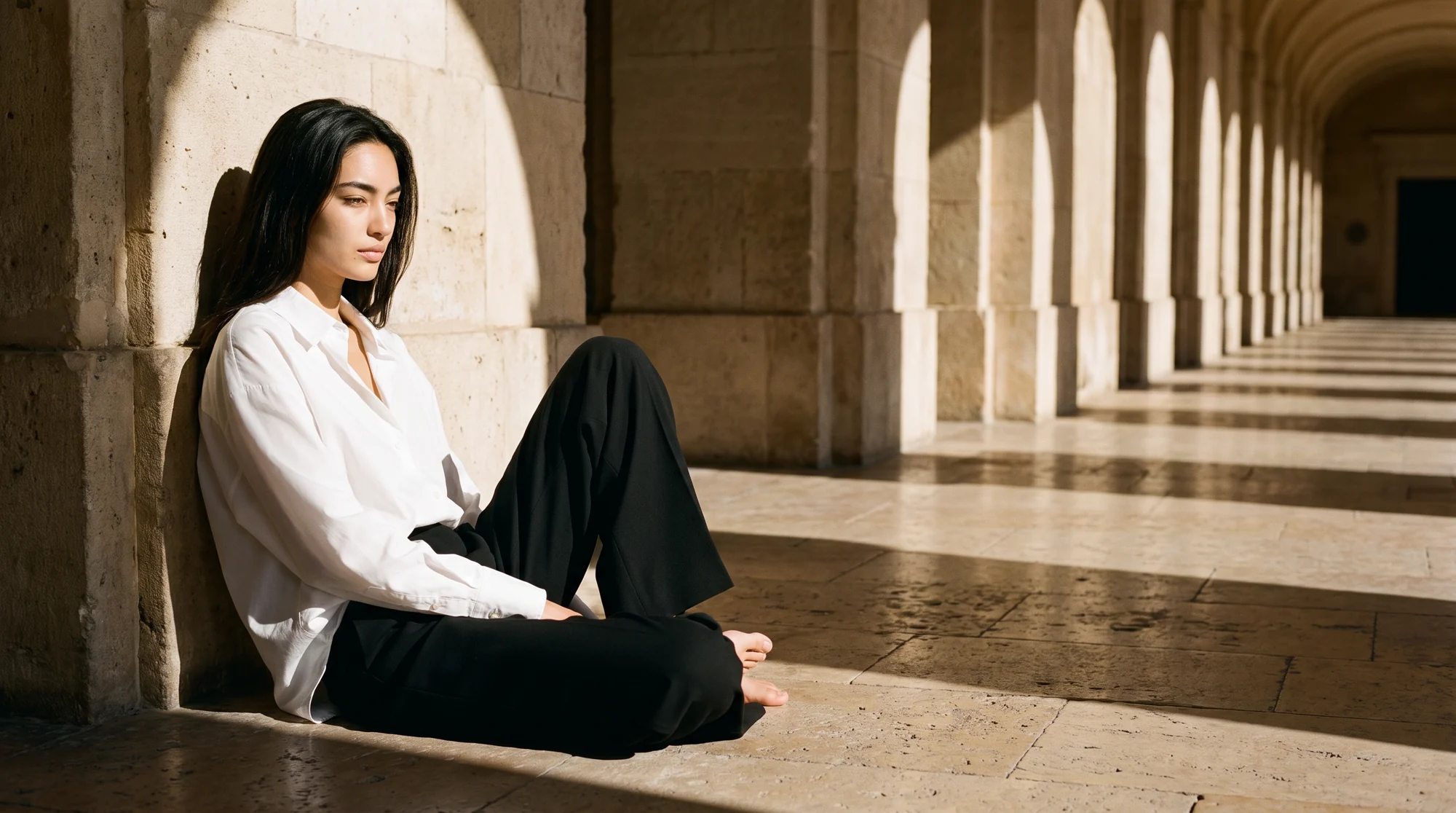 Woman seated in a sunlit stone arcade wearing a white shirt and black trousers, AI-generated on-model image