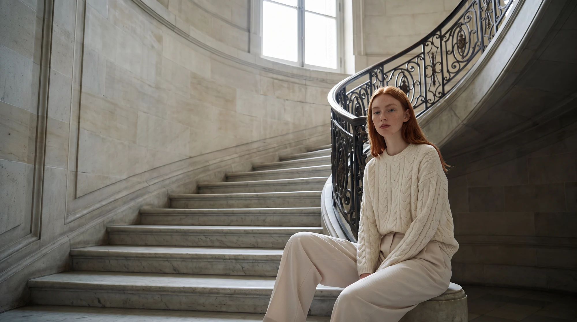 Woman seated on a marble staircase in a cream cable-knit sweater, AI fashion lookbook image