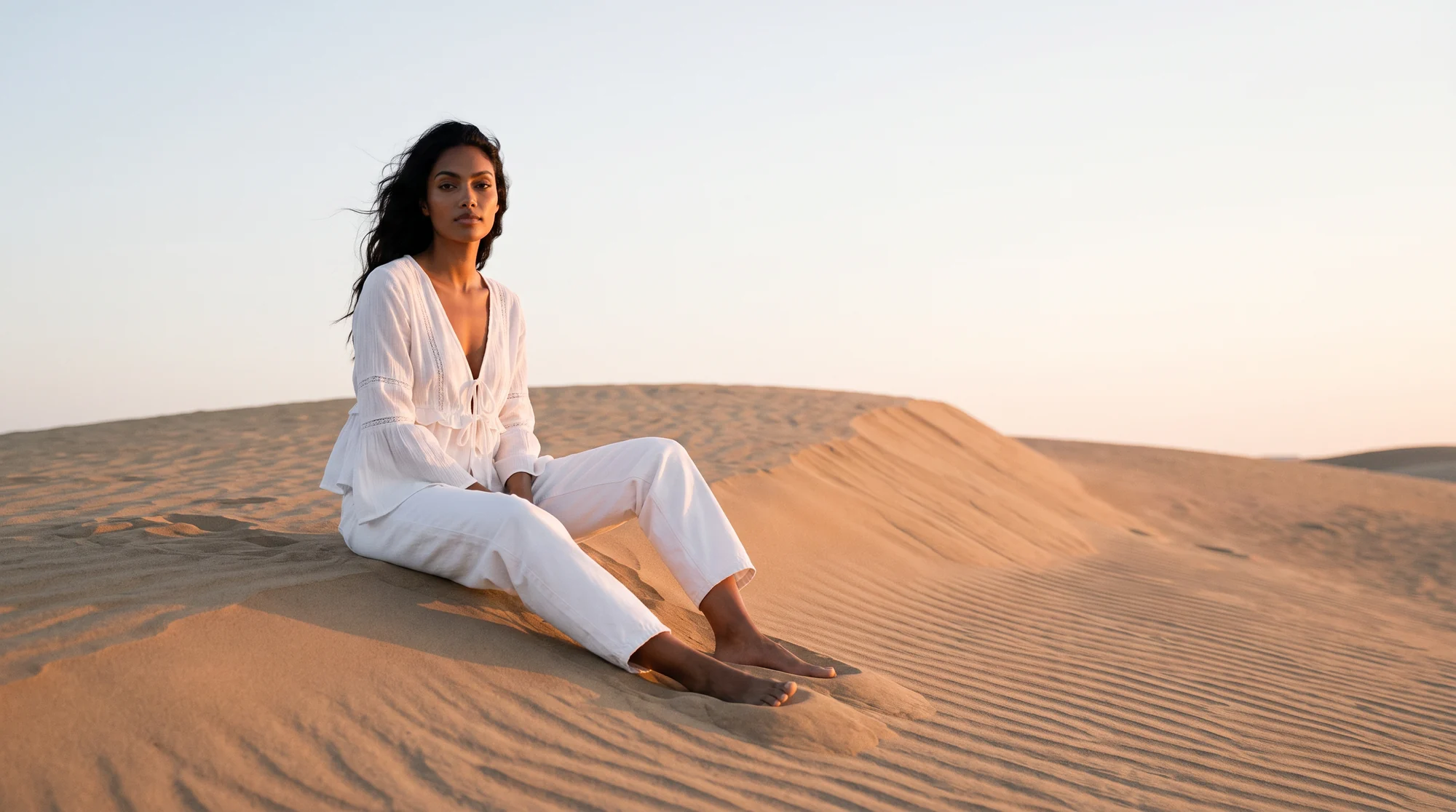 Woman seated against a warm wall in a light blue shirt and white jeans, AI on-model image
