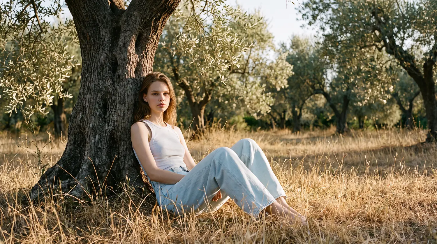 Woman seated in a bright studio wearing a white tank and light jeans, AI-generated on-model image