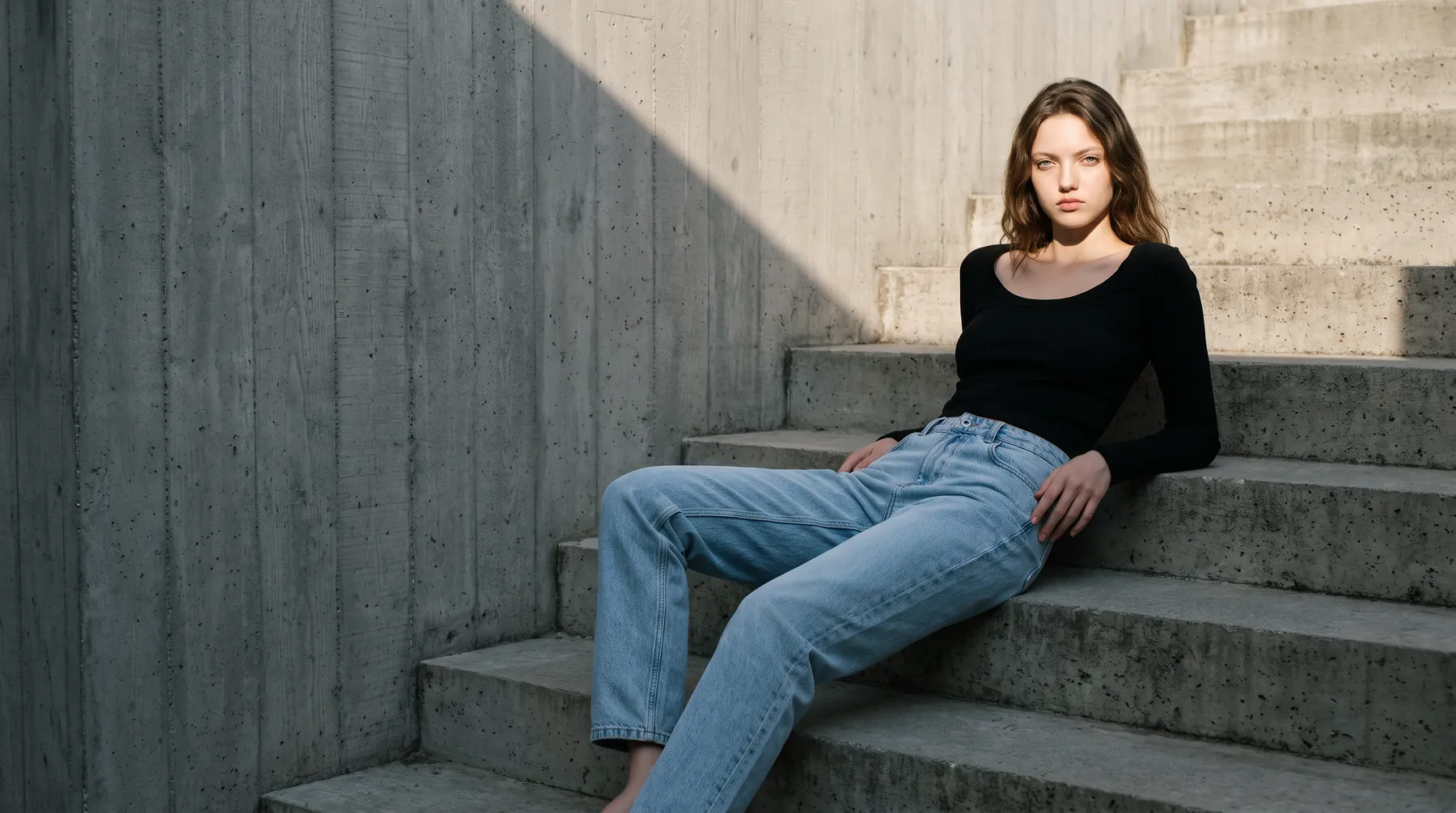Woman seated against a white wall in a black top and light jeans, AI-generated on-model image