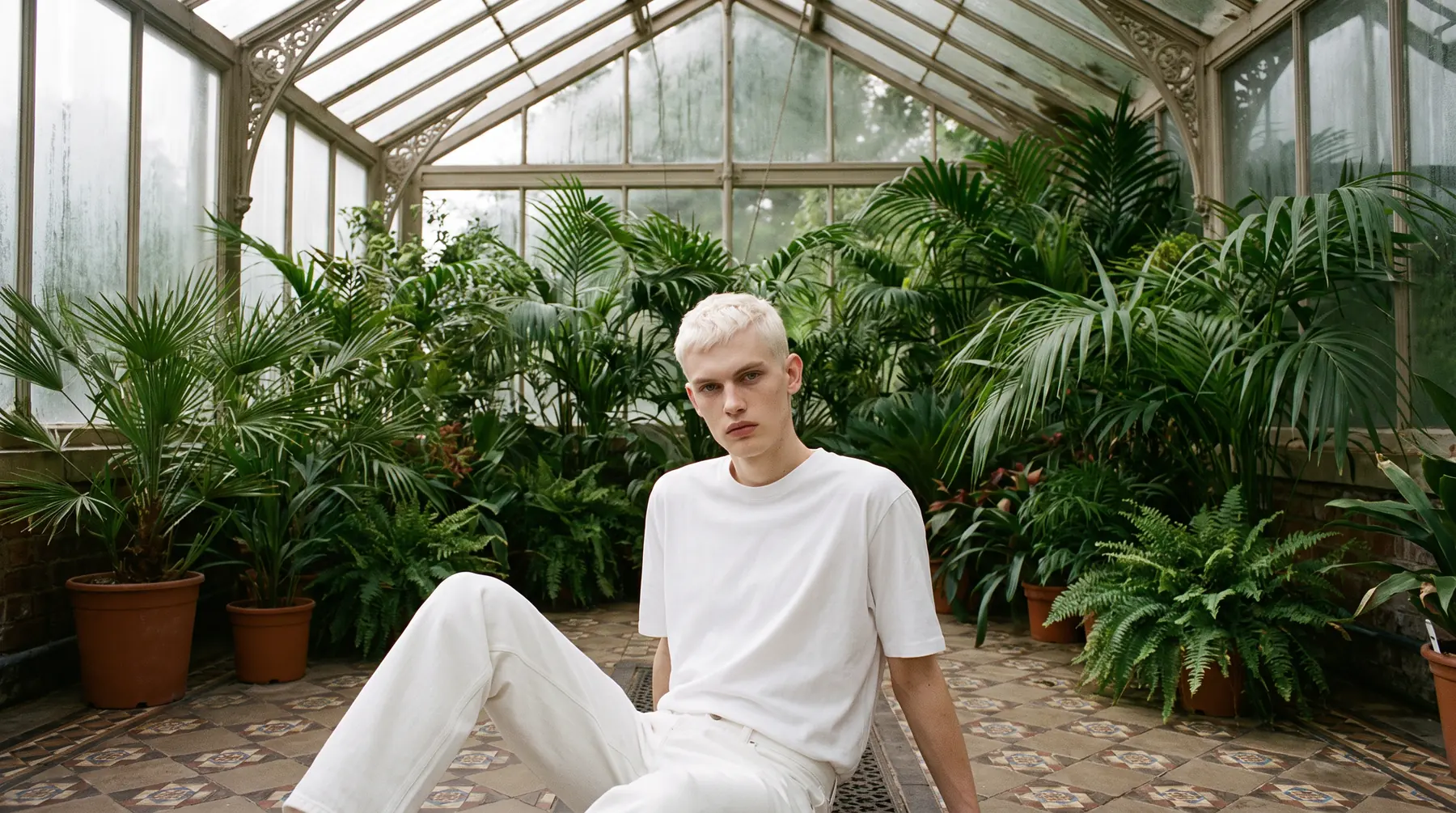 Man seated by a window in a white t-shirt and cream jeans, AI on-model editorial image