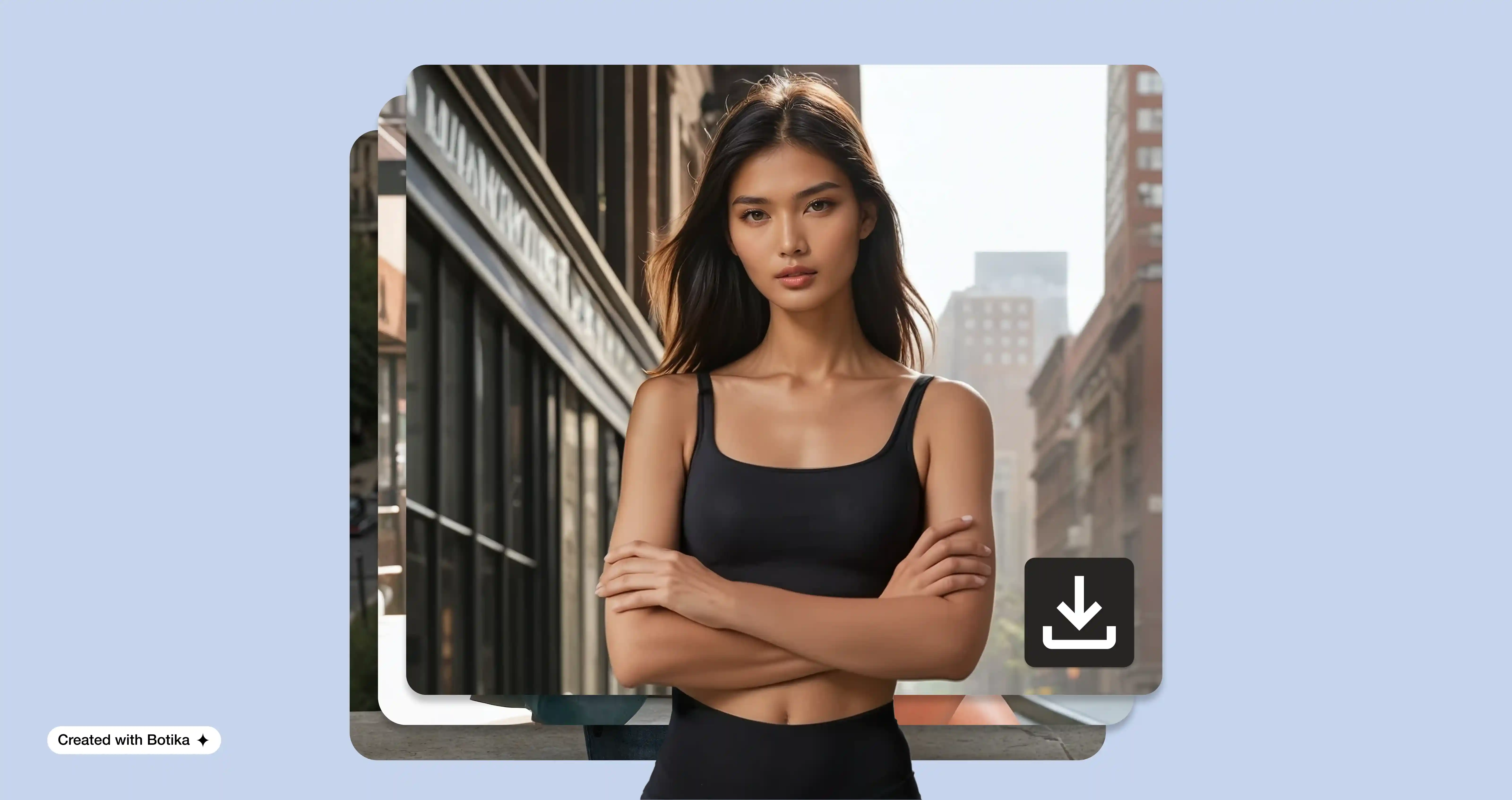 Three multicultural AI generated fashion models wearing formal dresses leaning up against each other with a futuristic abstract design placed on top of the image.