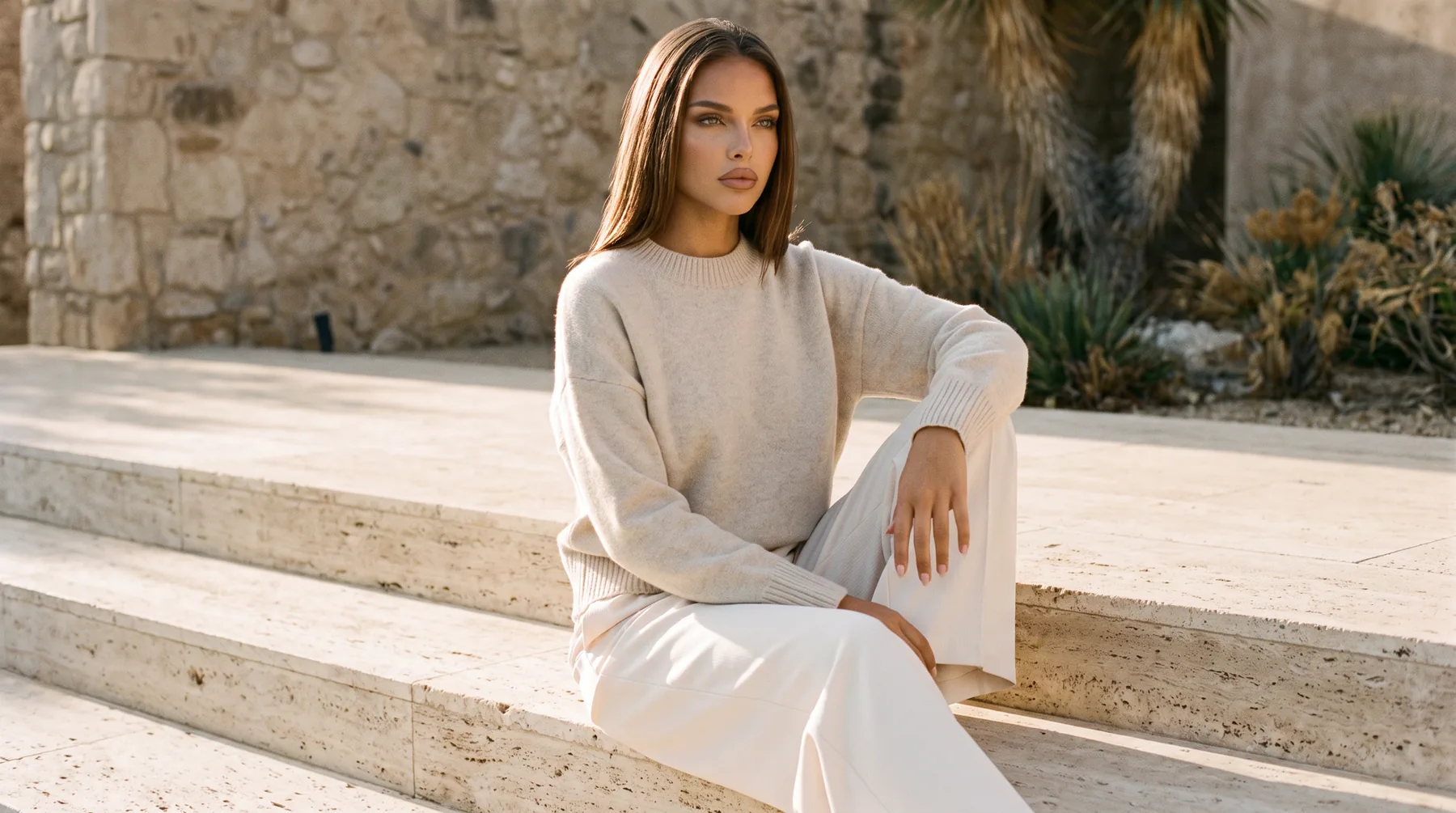Woman seated on a travertine step in a knit sweater and ivory trousers, AI virtual model image