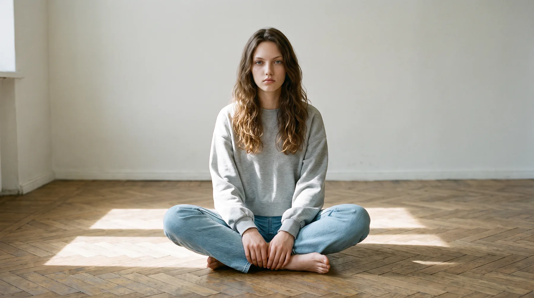 Woman seated on parquet flooring in a grey sweatshirt, AI-generated on-model image