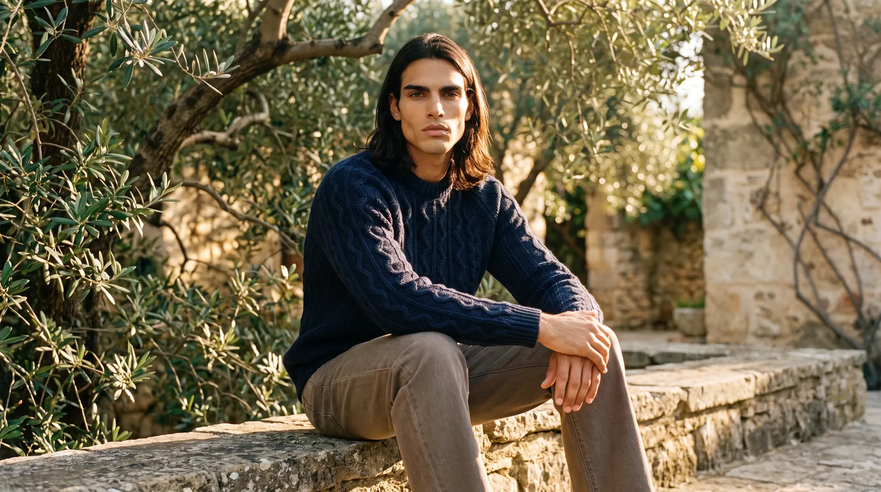 Man seated on a stone ledge in a courtyard wearing a navy sweater, AI on-model image