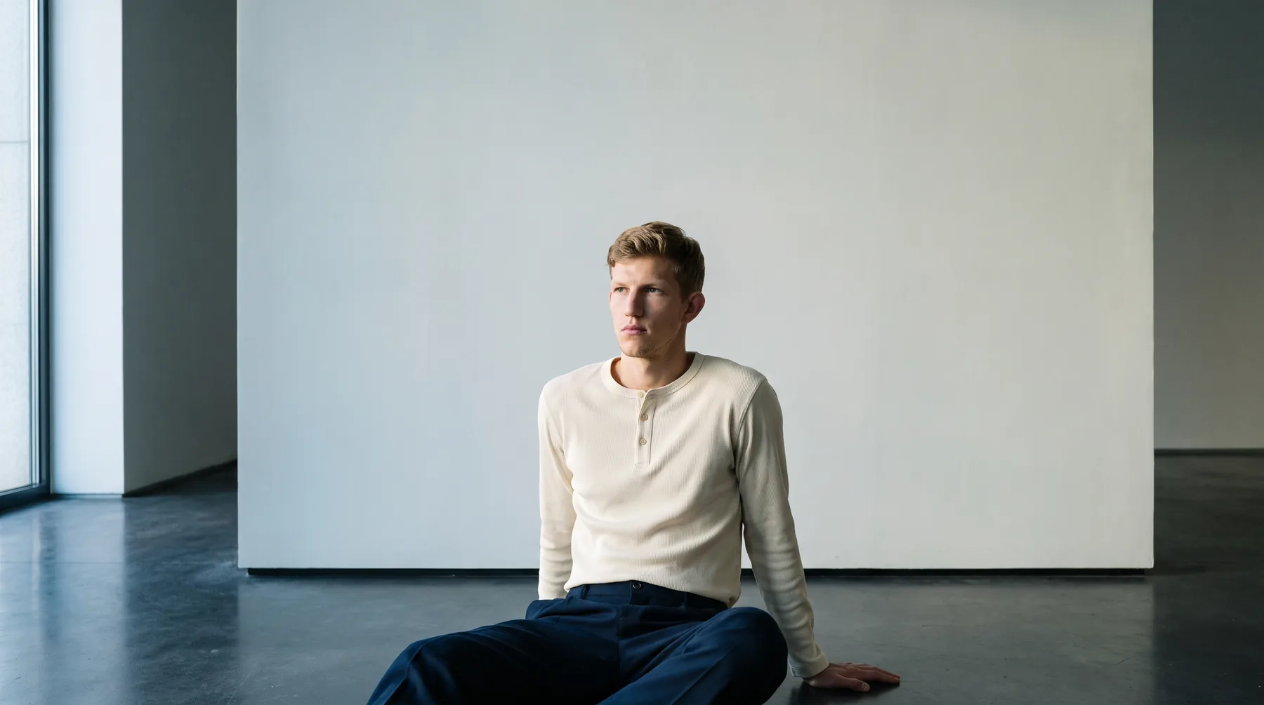 Man seated on a polished concrete floor in a cream henley, AI on-model editorial image
