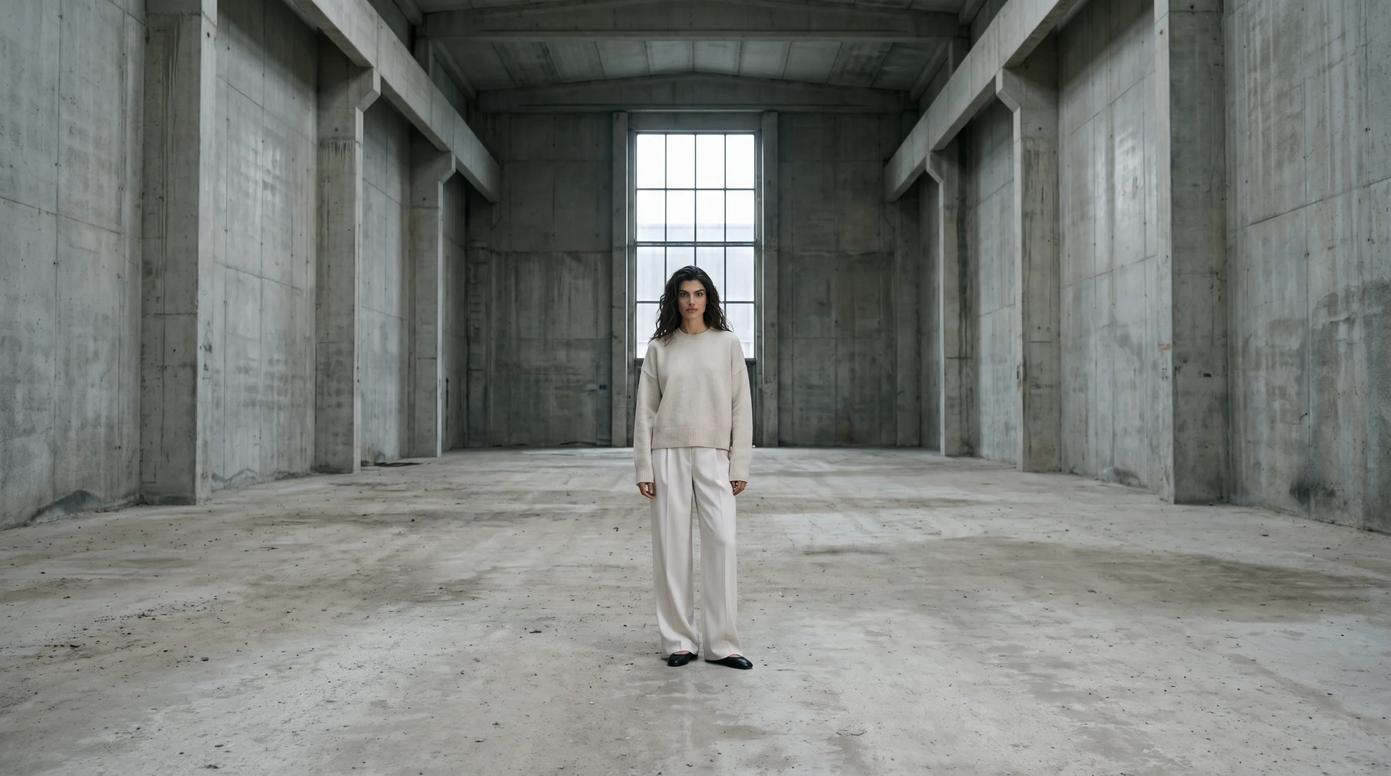Lone model in a cream knit and off-white trousers standing small inside a vast raw concrete hall