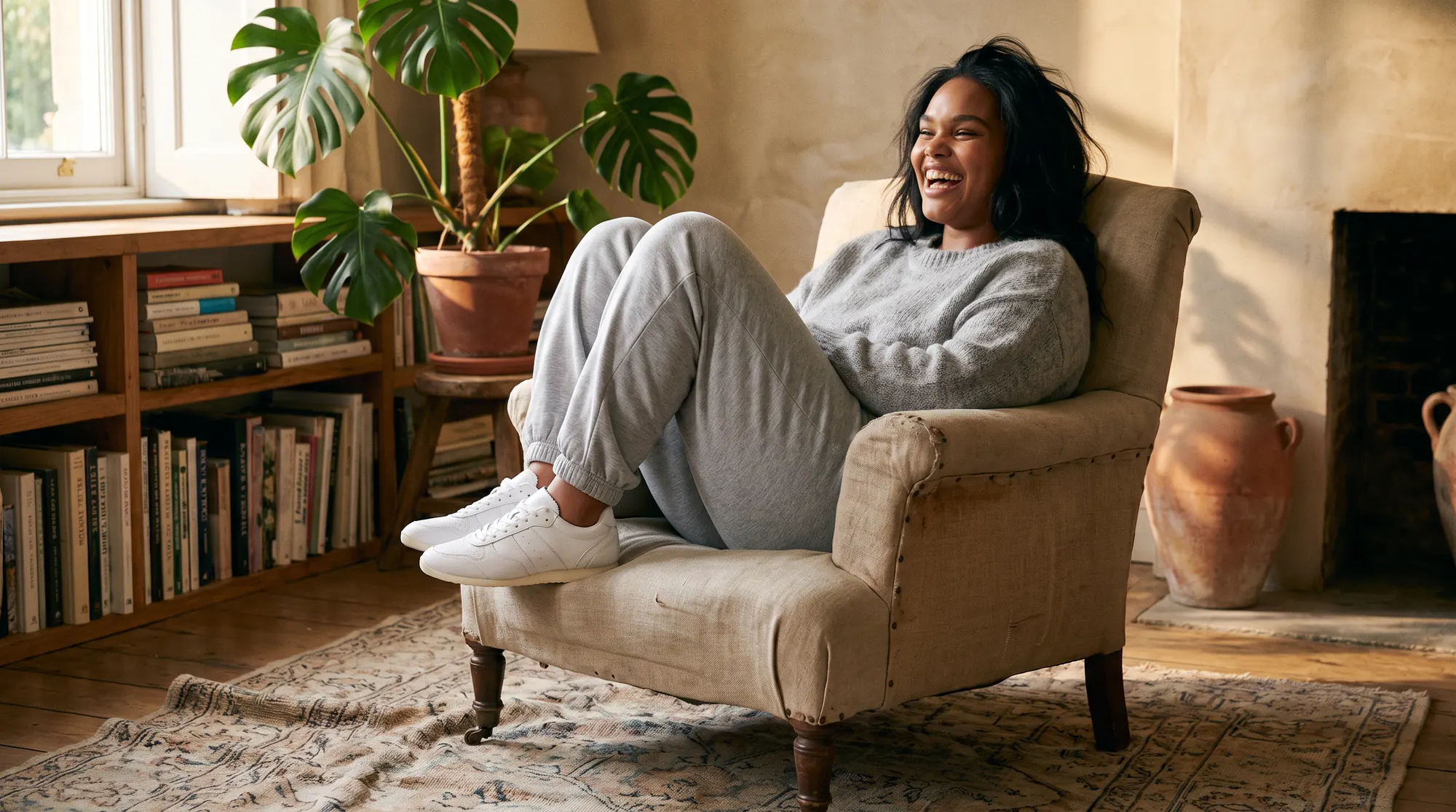 Model in a grey knit laughing while seated sideways in a linen armchair in a lived-in room