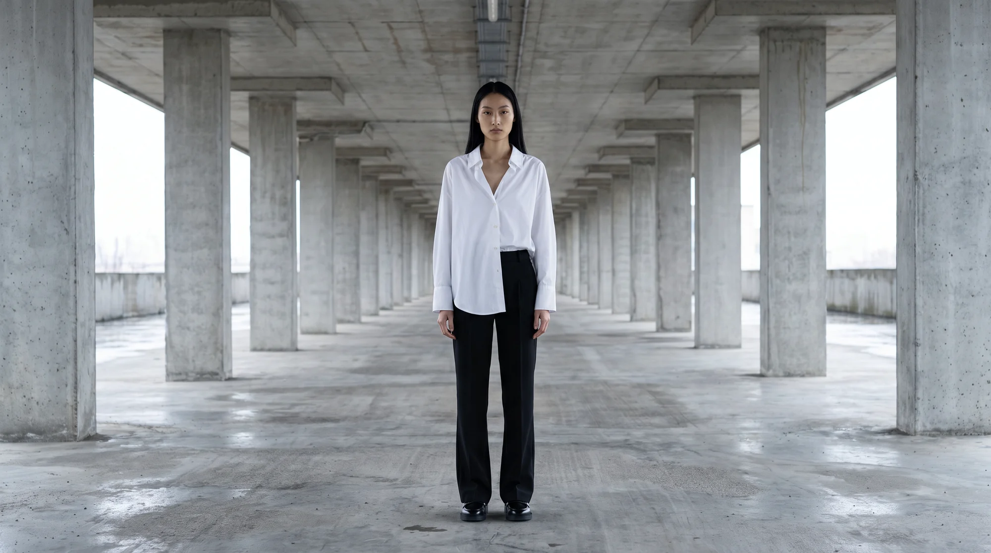 Model in a white shirt and black trousers centred in a long concrete undercroft of repeating columns