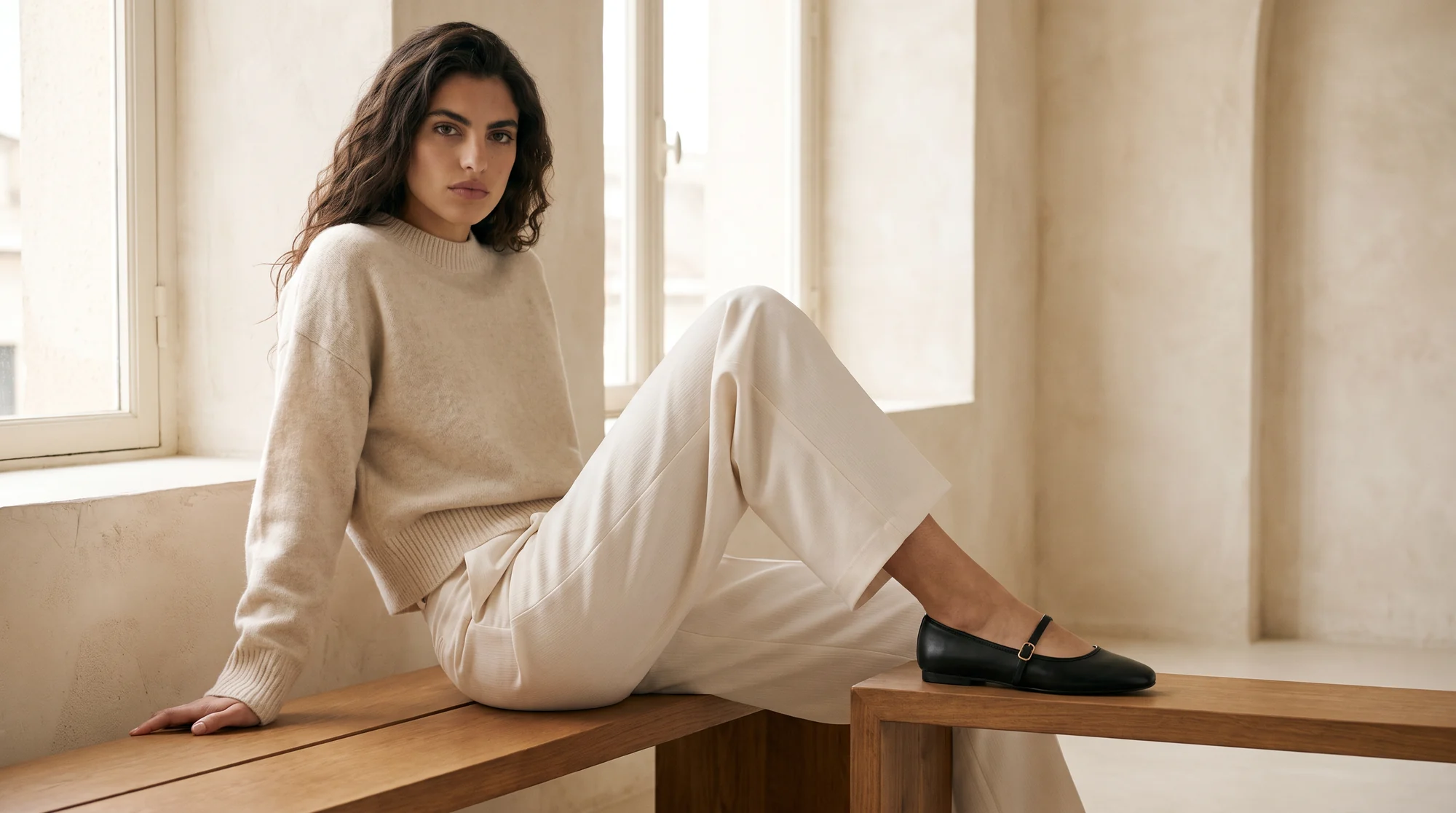 Model in a cream knit seated on a bench in warm window light against pale plaster