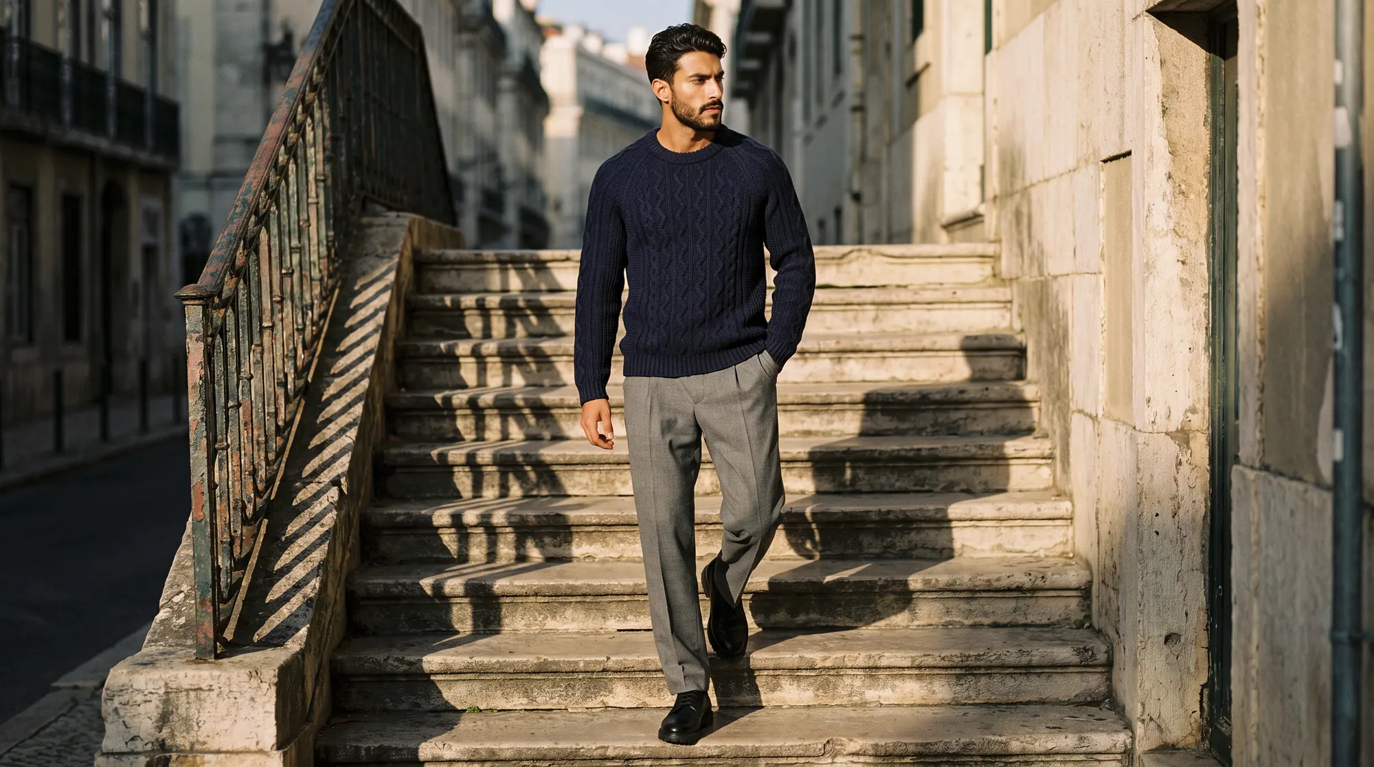 Man in a navy cable knit walking down worn stone city steps in hard afternoon sun
