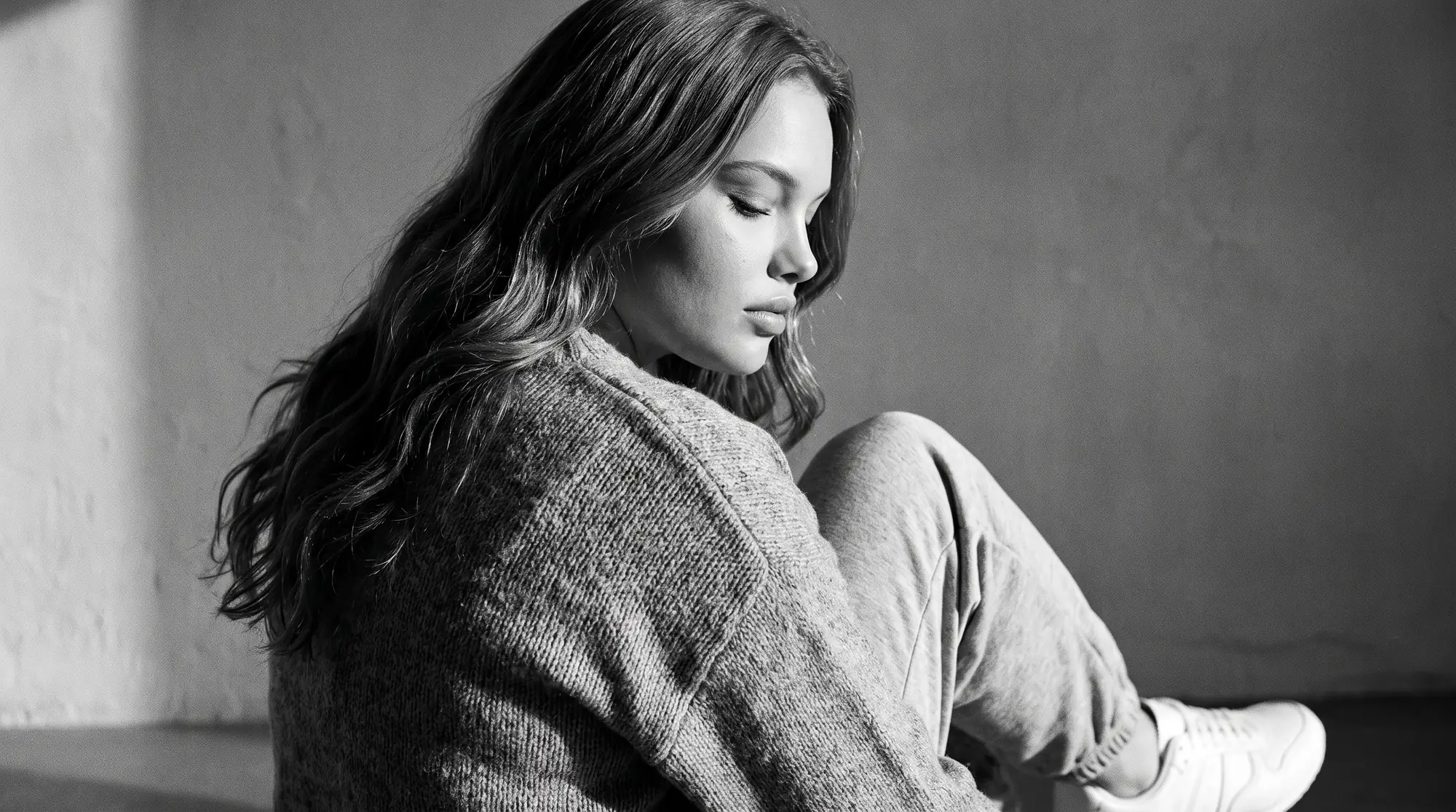 Black and white photograph of a model in a grey knit seated in dramatic side light