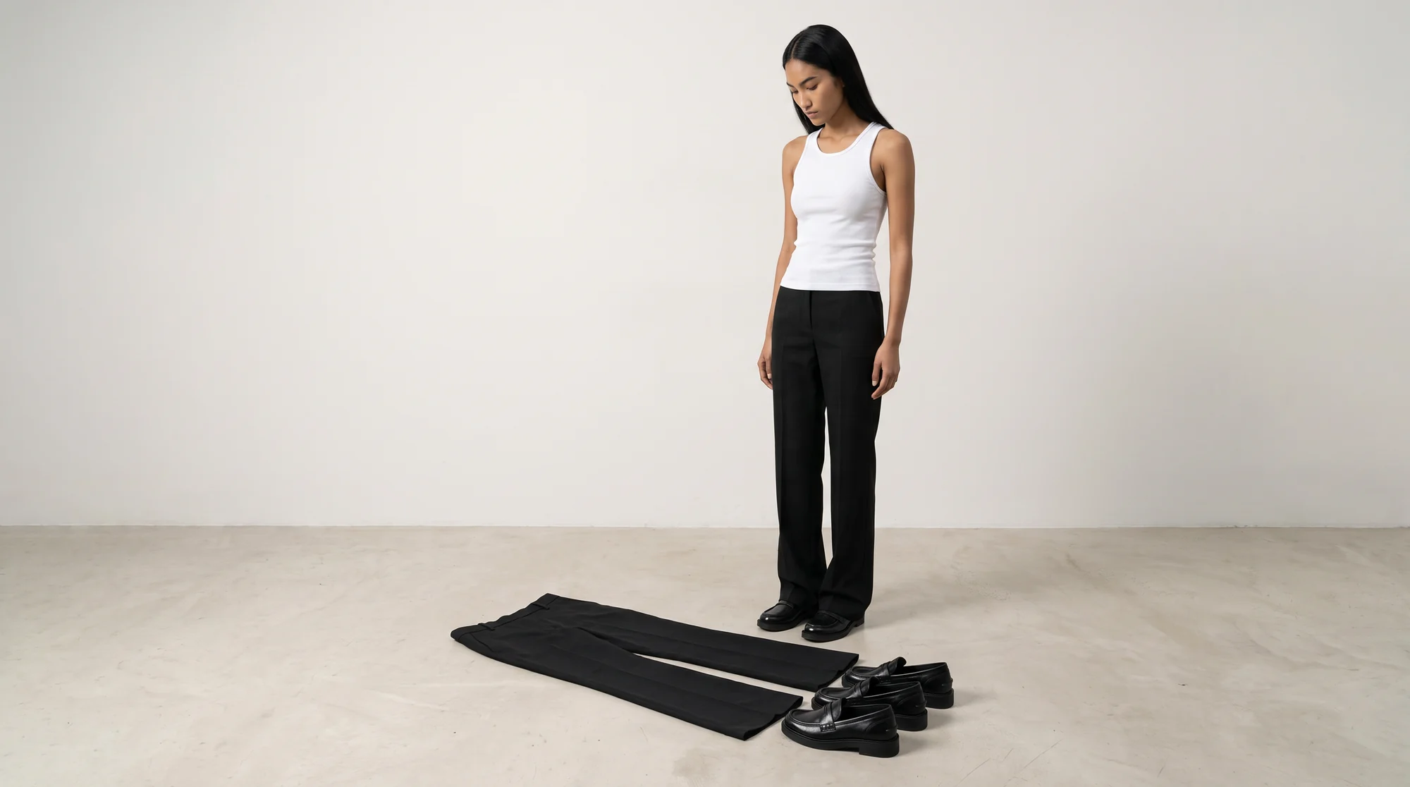 Model looking down at garments laid out flat on a pale studio floor in front of her