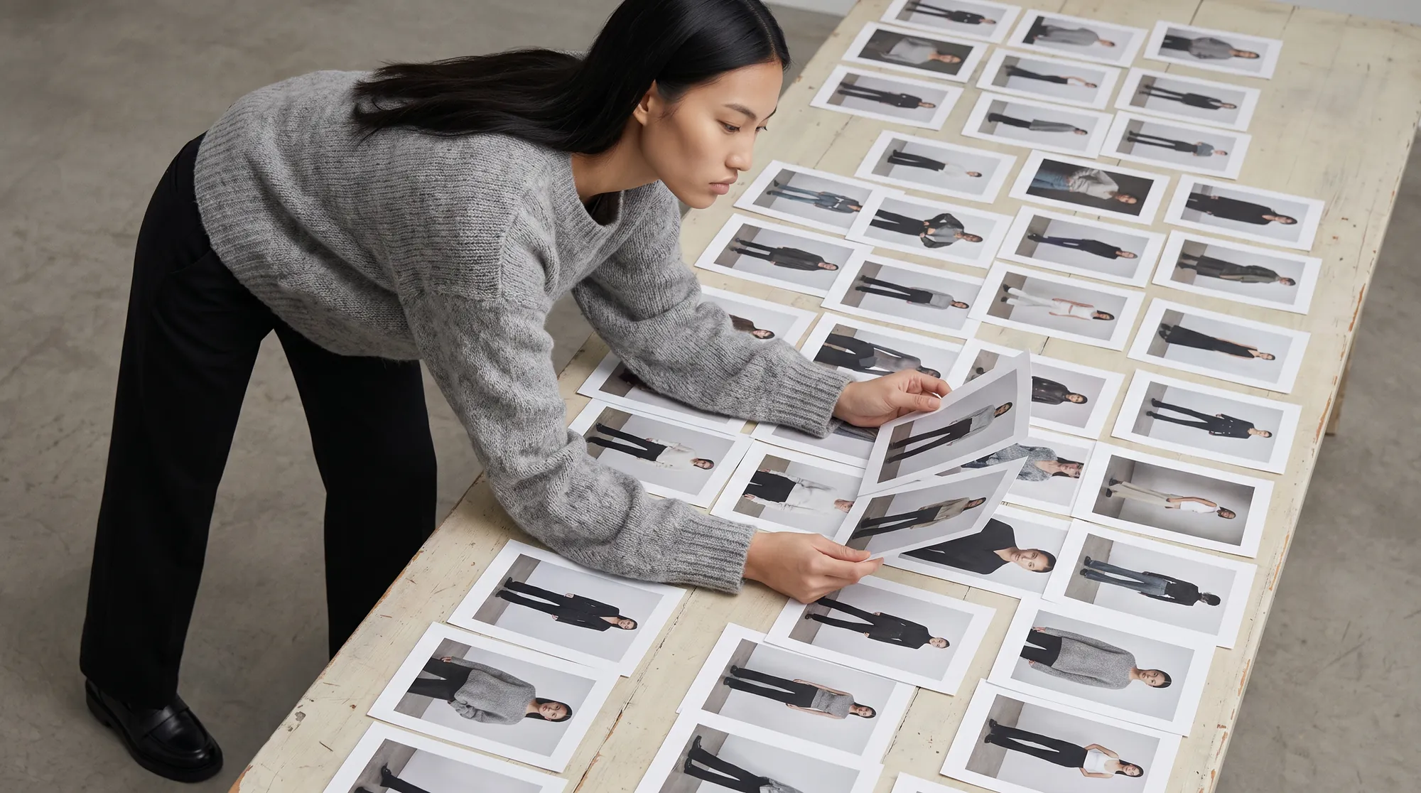 Model leaning over a long proofing table spread with dozens of printed fashion photographs, comparing two of them