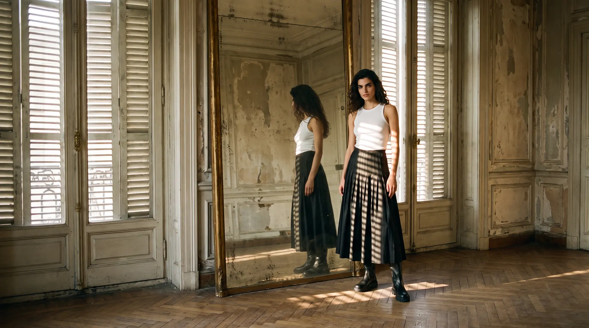 Model in a white top and black pleated maxi skirt beside a tarnished antique mirror in a faded nineteenth-century apartment, slatted golden light across parquet
