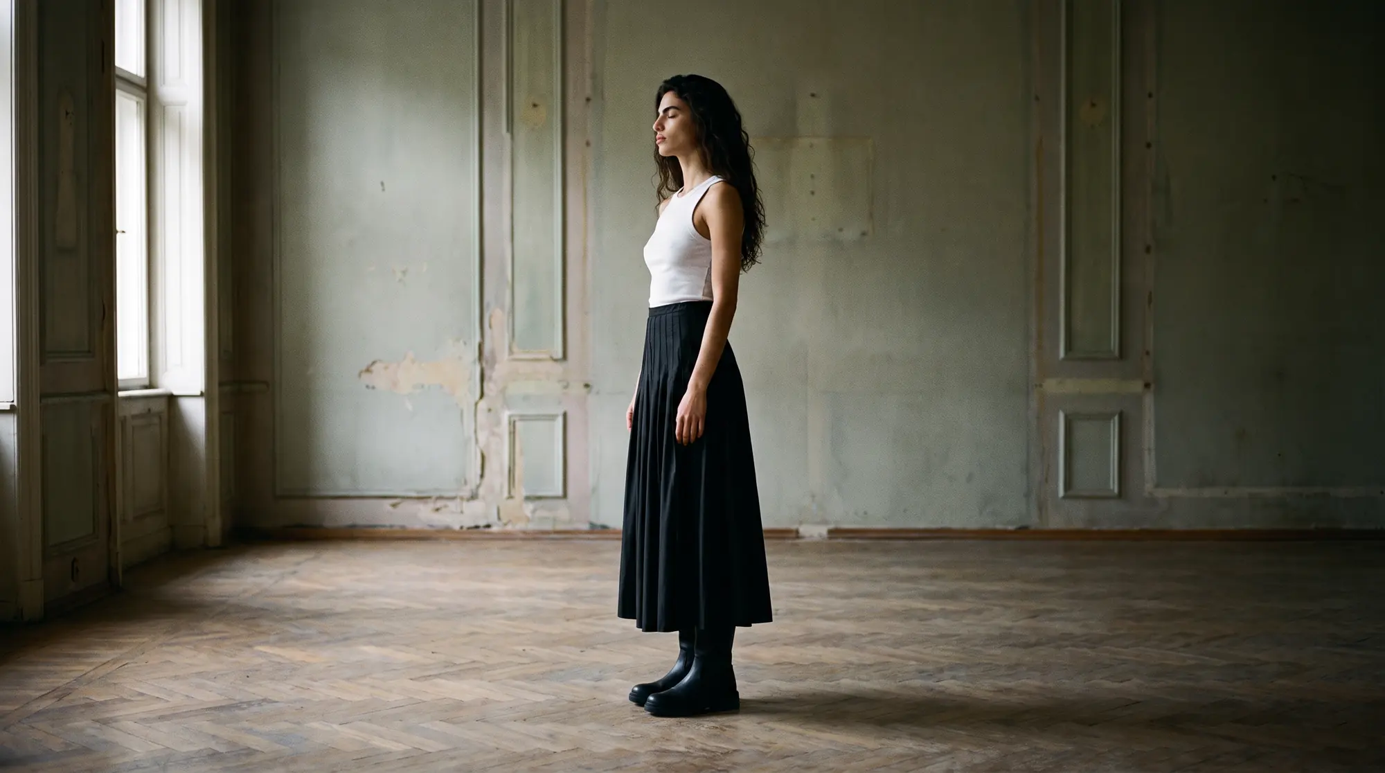Model in profile turned to soft window light in an empty old ballroom with faded painted walls