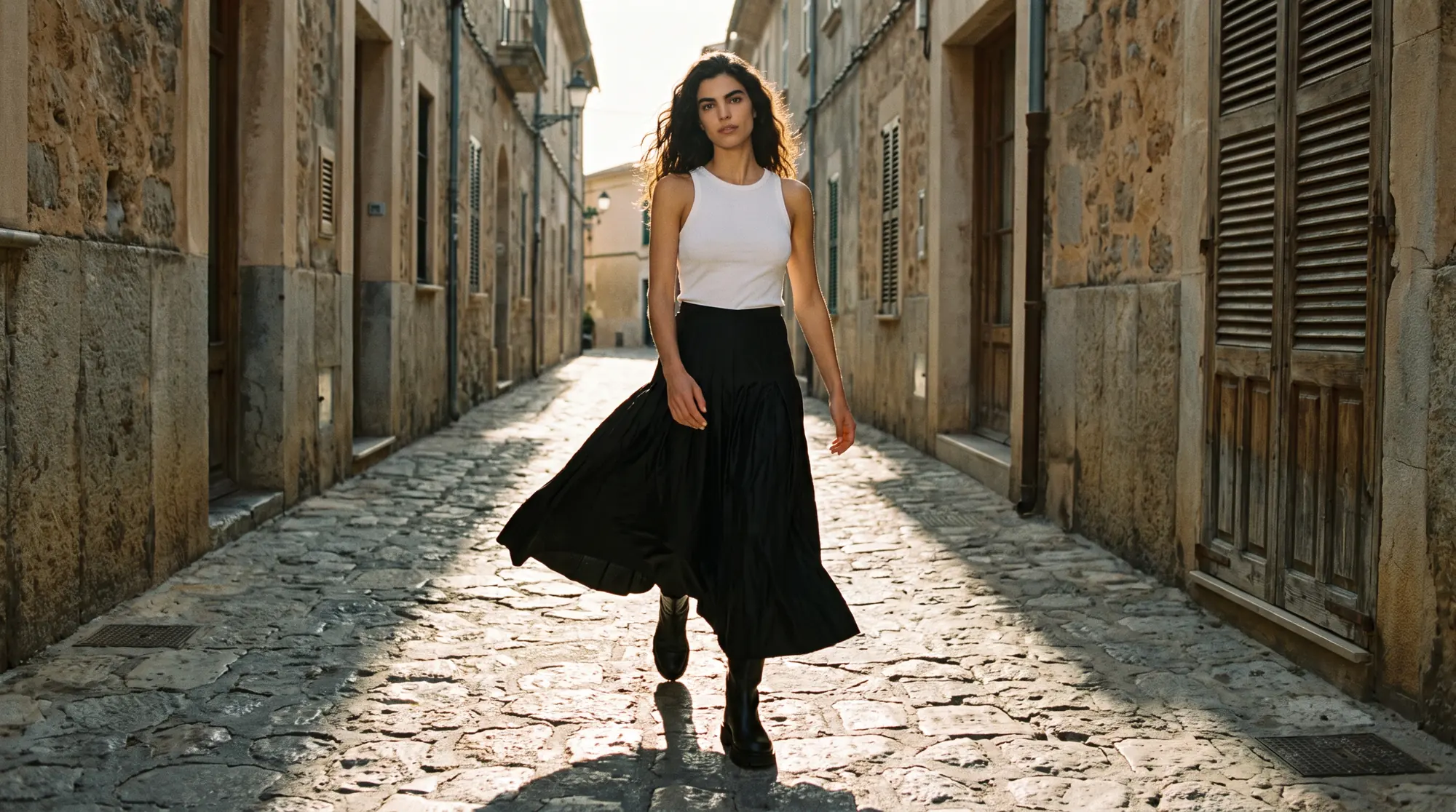 Model striding through a narrow Mediterranean street at golden hour, pleated skirt swinging, long shadow across the cobbles