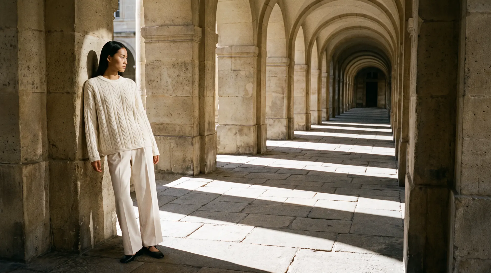 Model in a cream cable knit standing in the mouth of a stone arch along a long colonnade, bands of sunlight across the flagstones