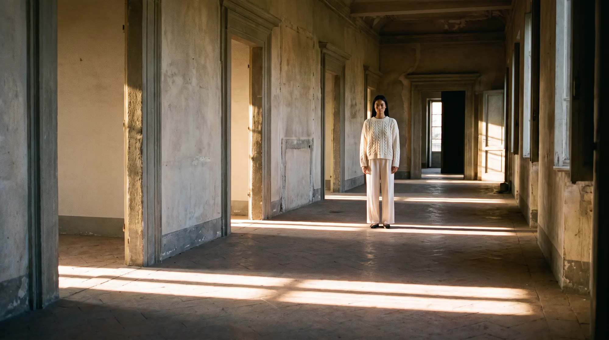 Model framed in the middle doorway of a long sunlit villa corridor lined with receding open doors