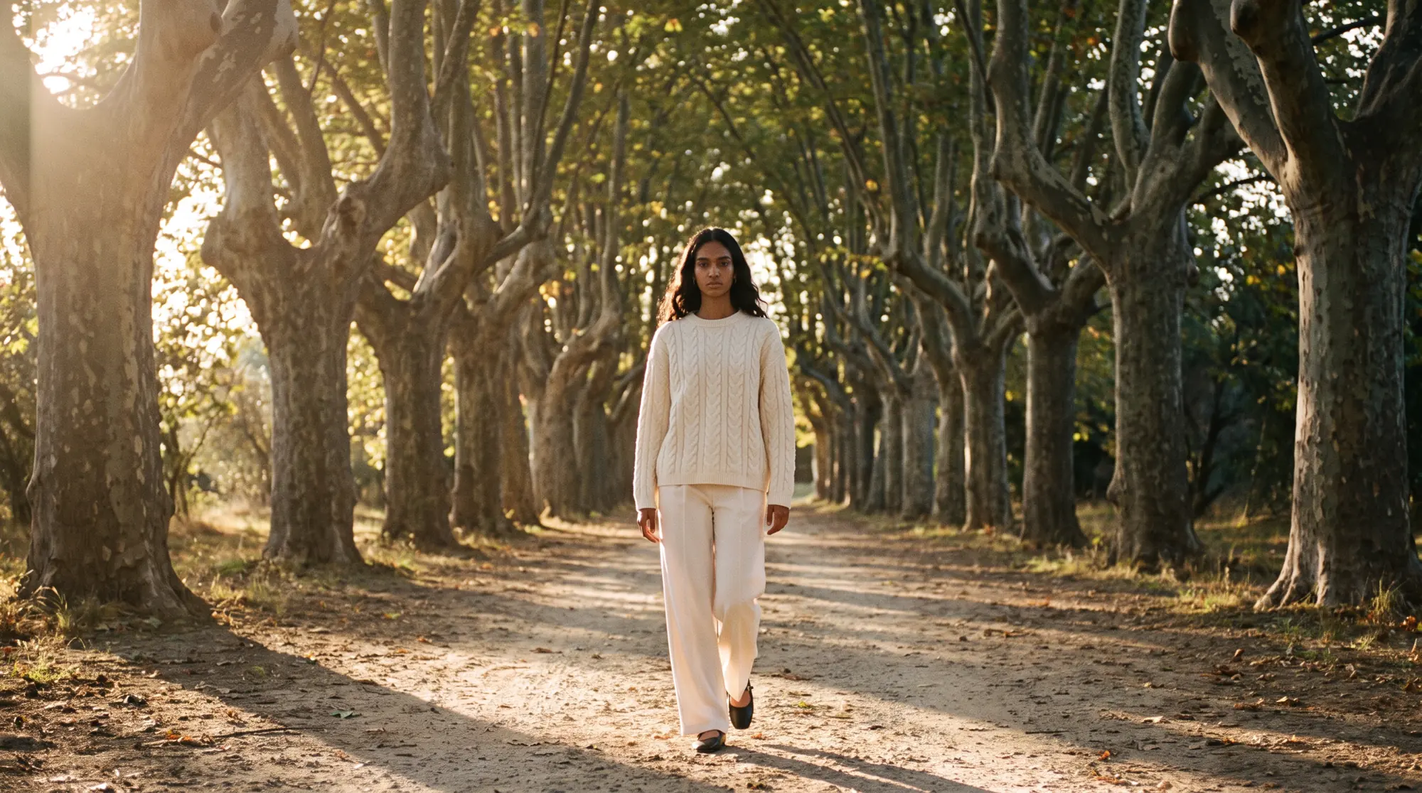 Model walking toward camera down a long avenue of old plane trees, dappled warm light across the track