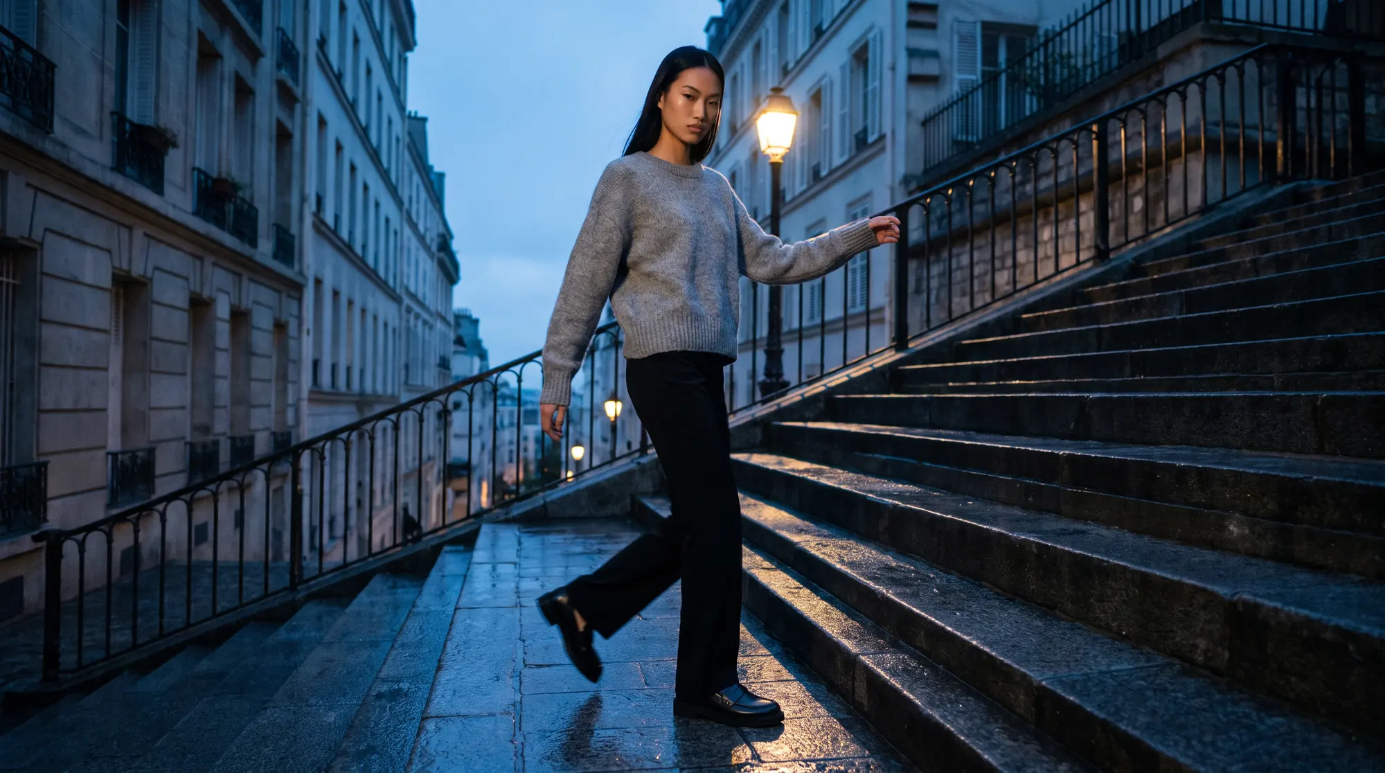 Model descending wet city steps at dusk in cool blue light, one warm street lamp behind her