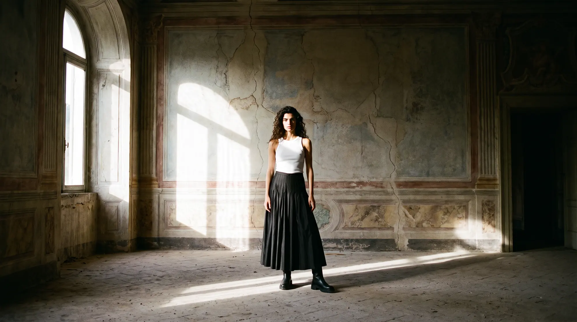 Model in a white top and black pleated maxi skirt standing in a shaft of hard sunlight in a decaying frescoed palazzo room
