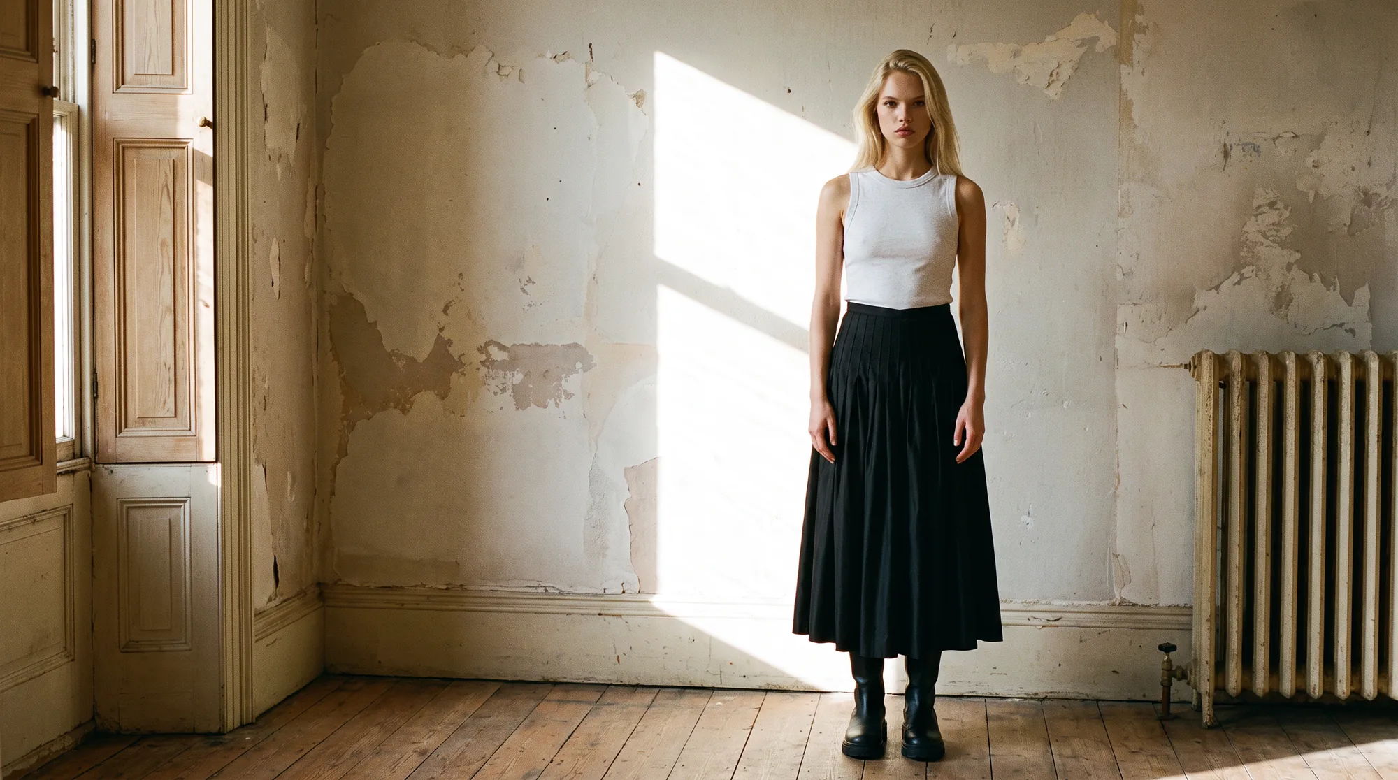 Model in a white sleeveless top and black pleated skirt in a sunlit apartment room with tall shutters