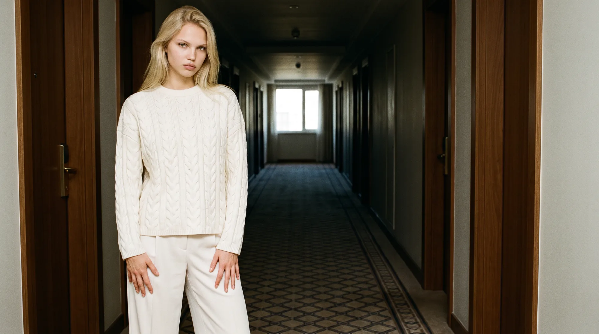 Model in a cream knit and off-white trousers in a long hotel corridor with patterned floor tiles