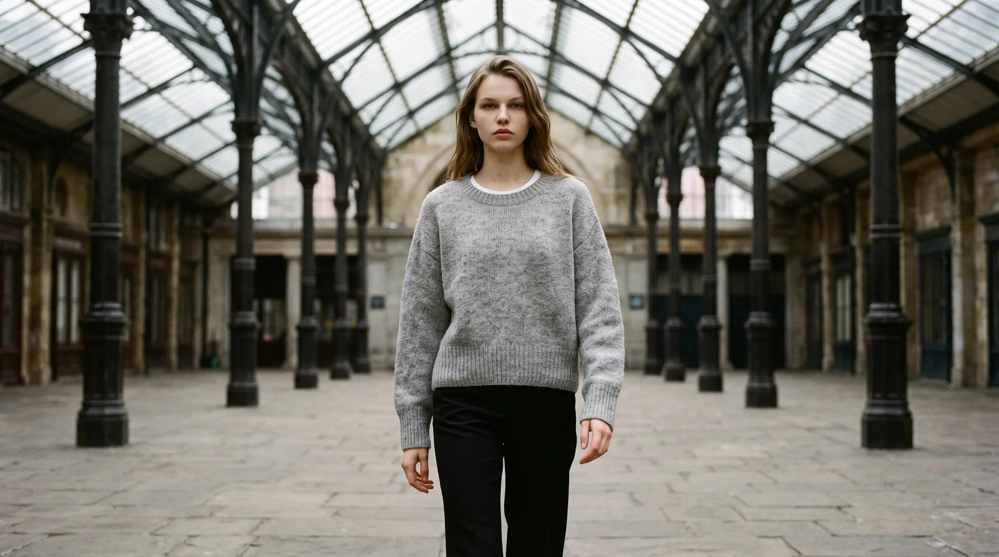 Model in a grey knit walking through an empty covered market hall under a glass roof
