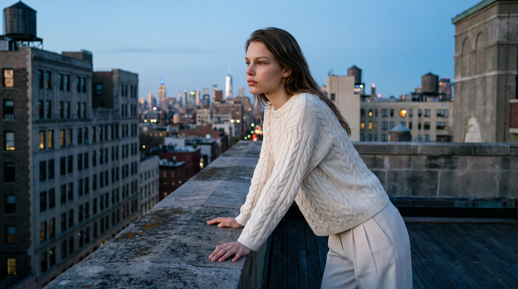 Model leaning on a rooftop parapet against a city skyline in blue hour light