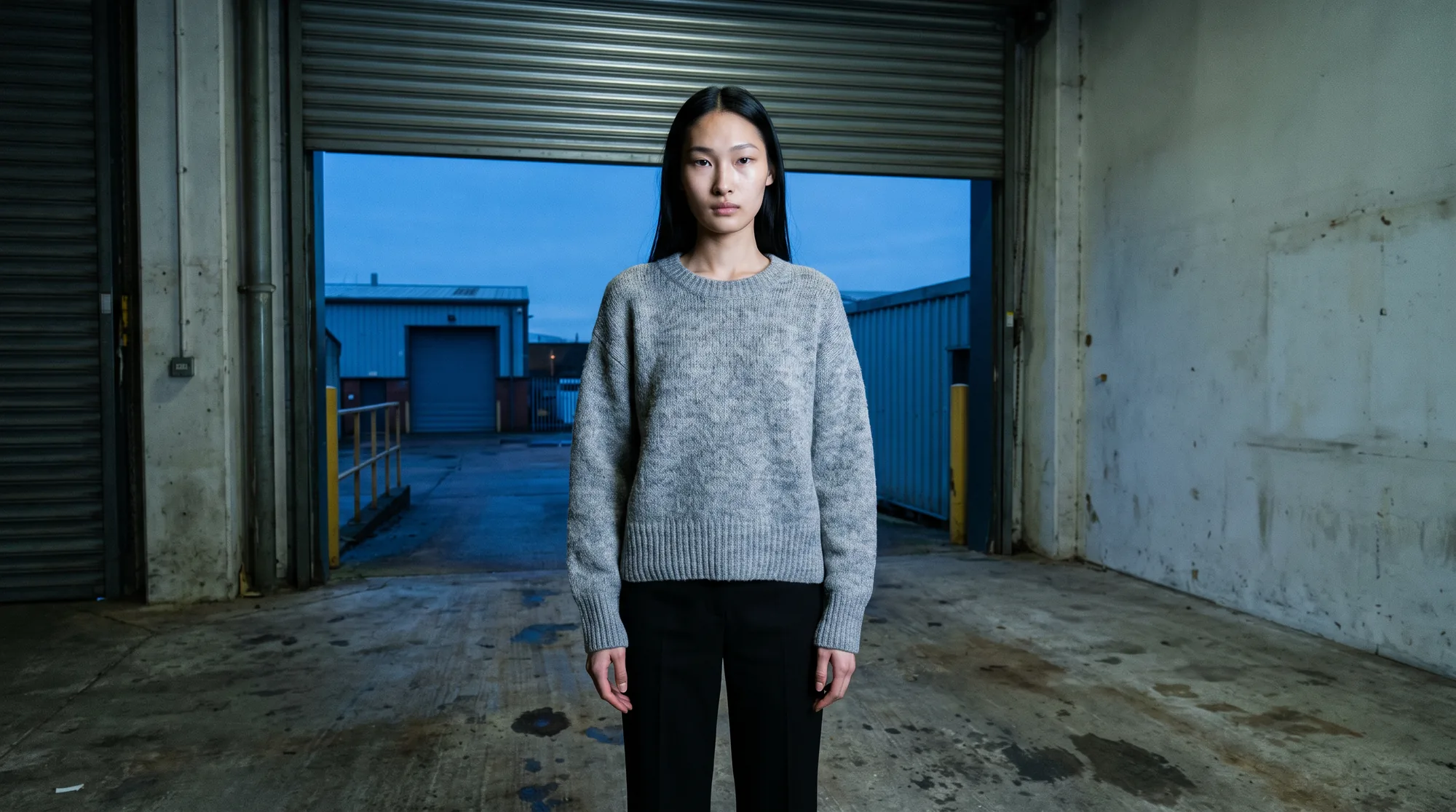 Model in a grey knit on an empty concrete loading dock in cold evening light
