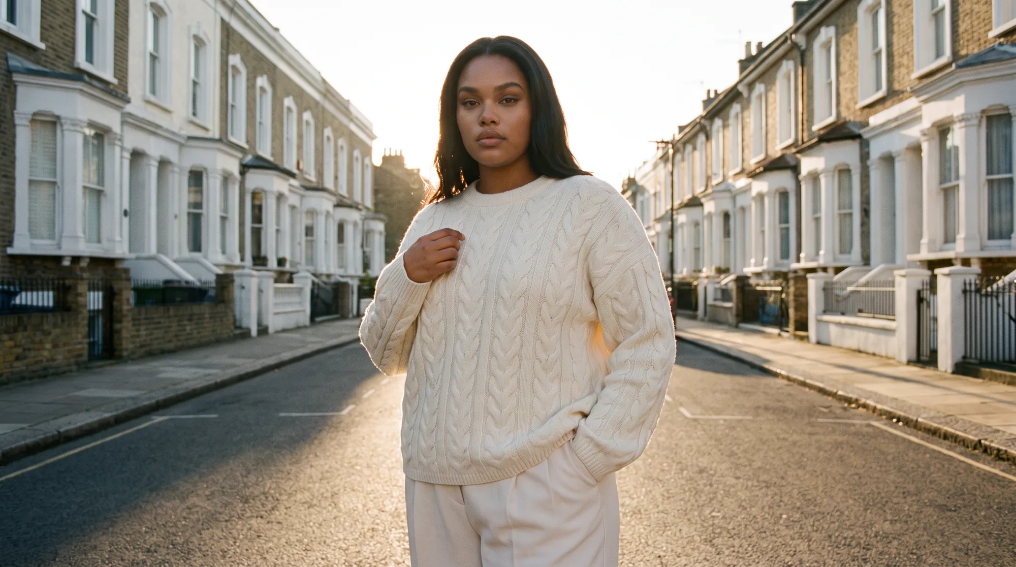 Model in a cream knit and off-white trousers on a quiet residential street in early morning light