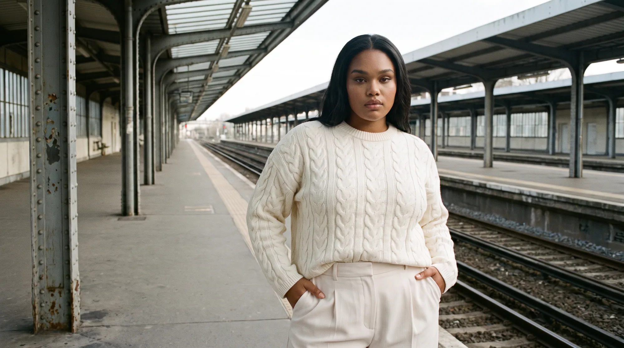Model in a cream knit waiting on an empty railway platform under a long canopy