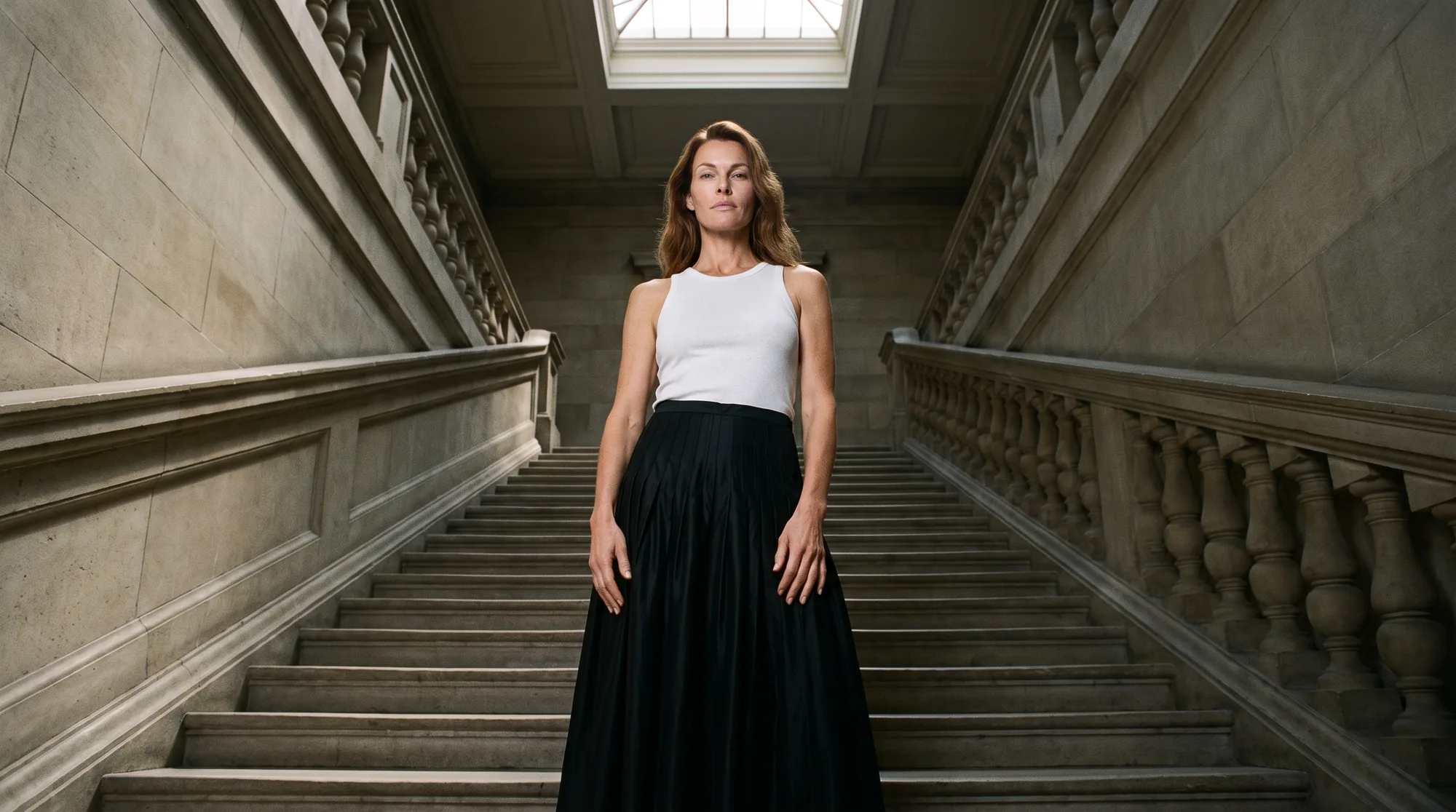 Model in a white top and black pleated maxi skirt at the foot of a grand stone stairwell