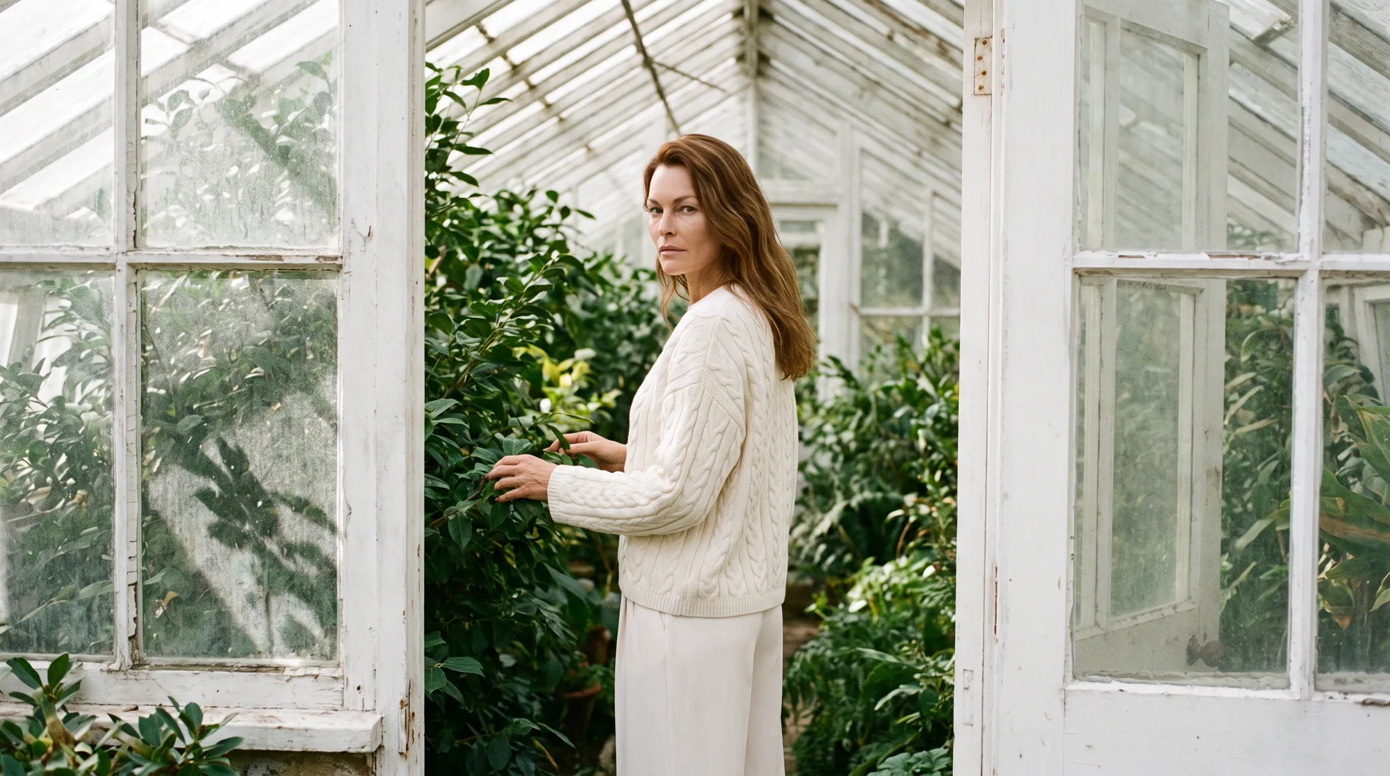 Model in a cream knit among dense planting inside an old whitewashed glasshouse