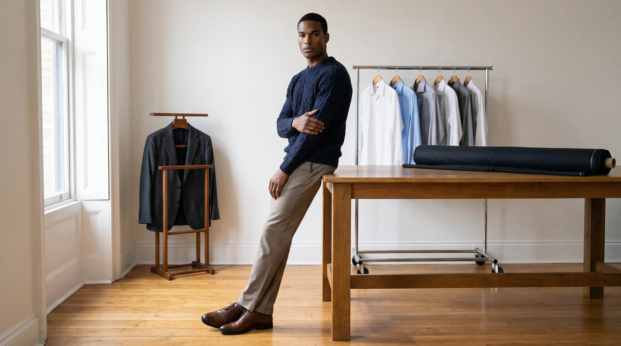 Man in a navy cable knit sweater and taupe chinos leaning on a cutting table in a menswear tailoring workroom, AI on-model image