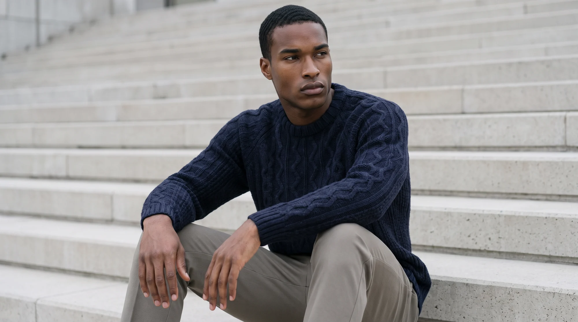 Man in a navy cable knit sweater and taupe trousers seated on concrete city steps, AI male model