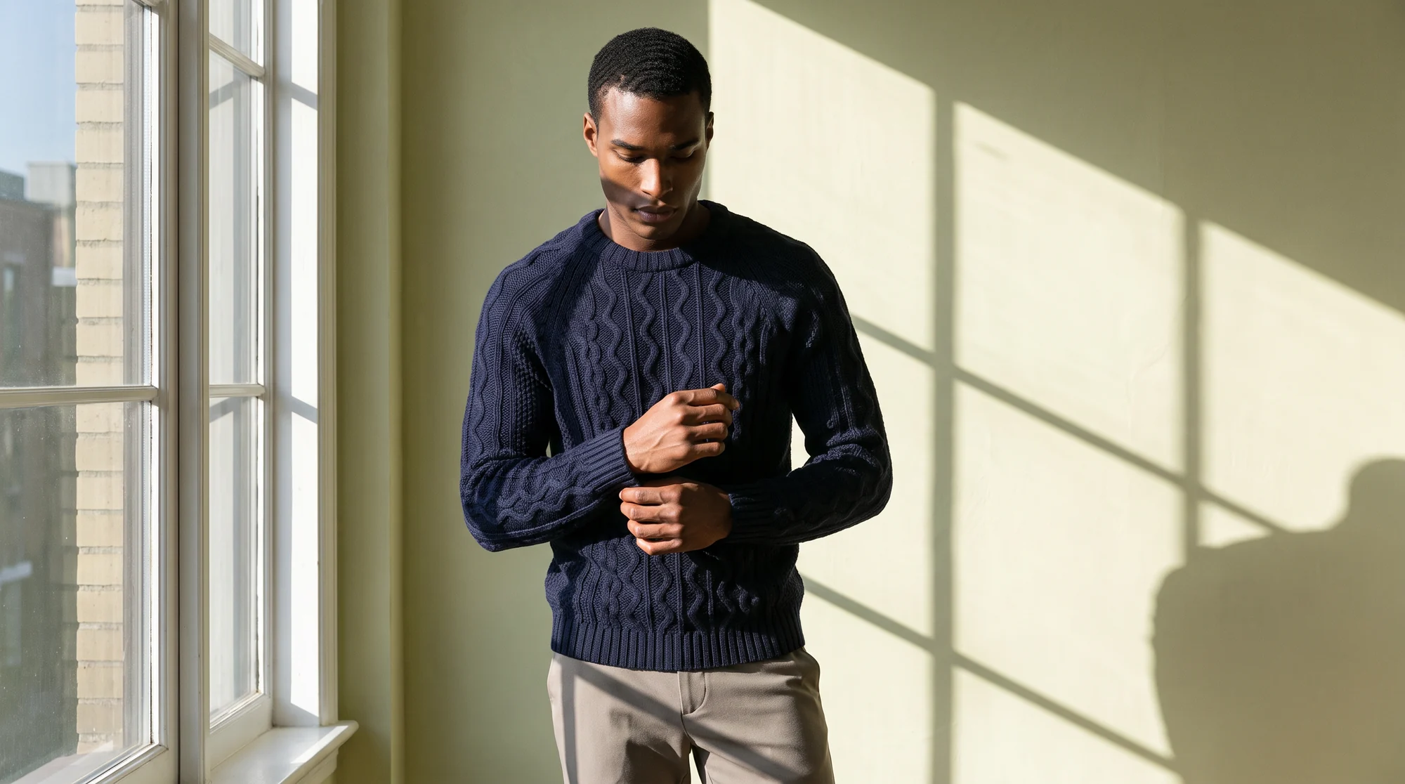 Man adjusting the cuff of a navy cable knit sweater by a sunlit window, AI male model photo