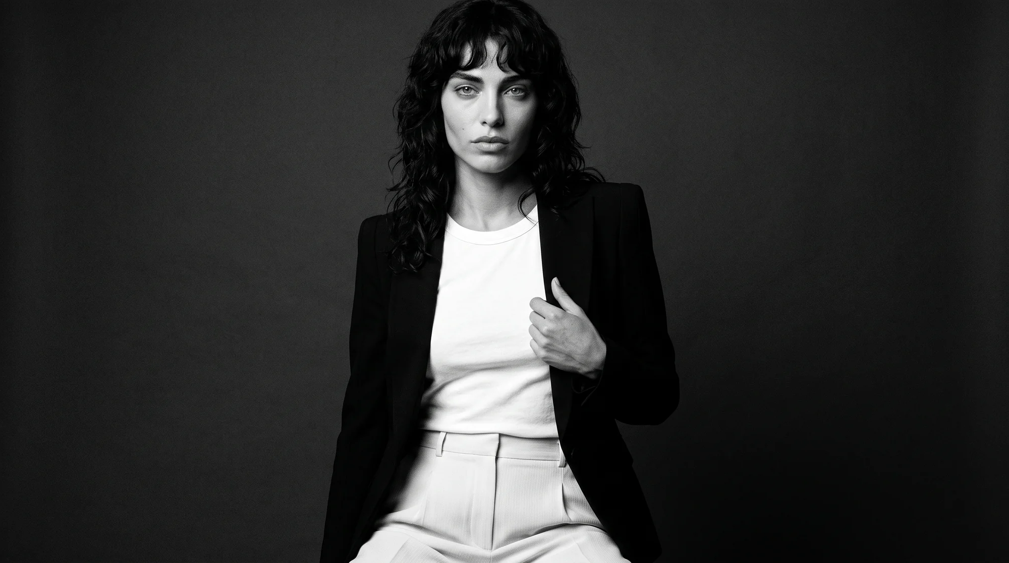 Black and white portrait of a woman holding the lapel of a black blazer, AI campaign image