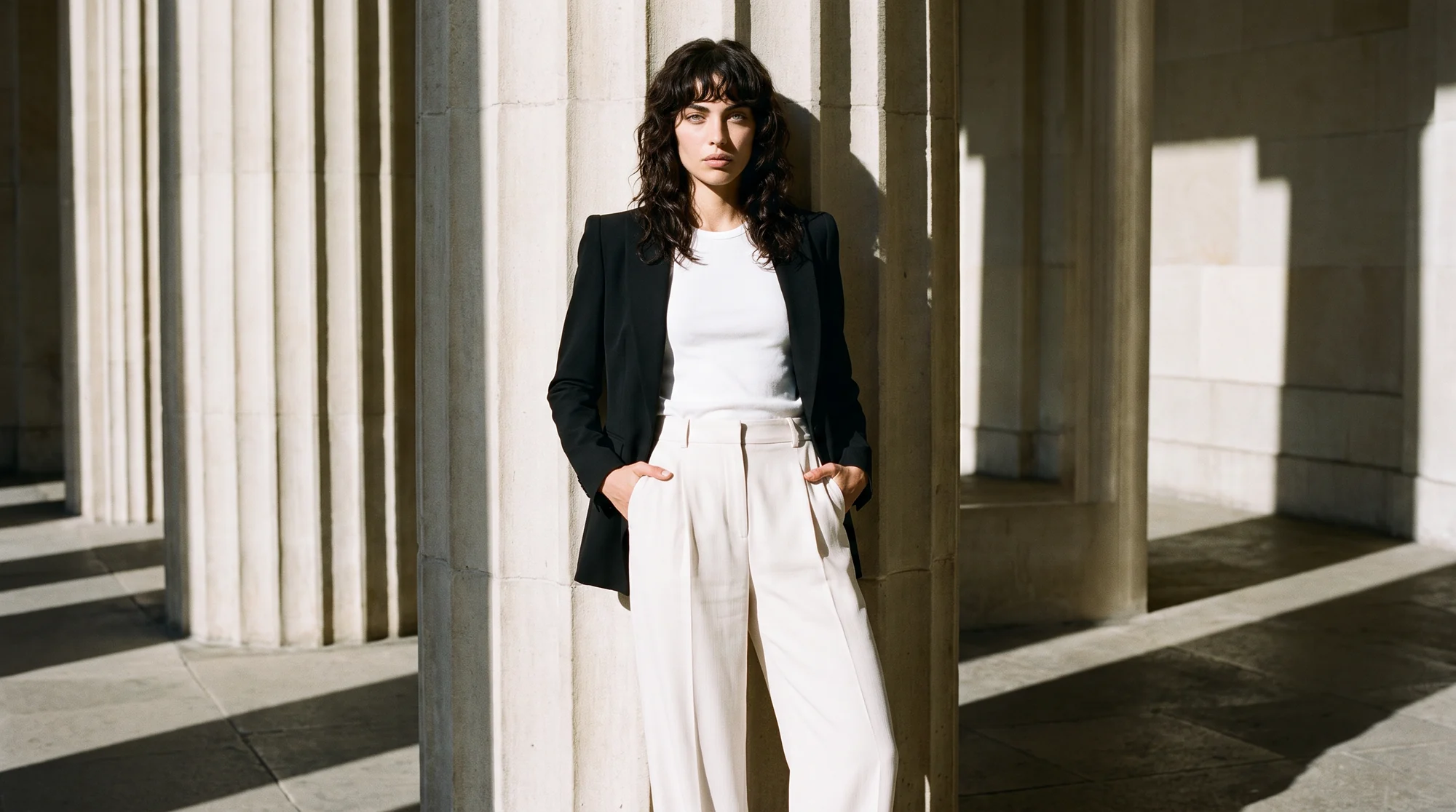 Woman in a black blazer and ivory trousers standing in a sunlit stone colonnade, AI campaign photo