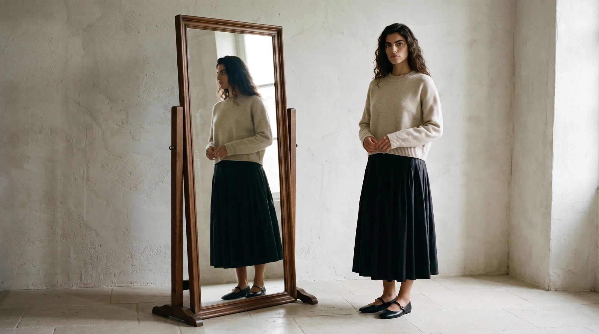Woman in an oatmeal sweater and black pleated skirt beside a floor mirror showing her reflection, AI fashion model
