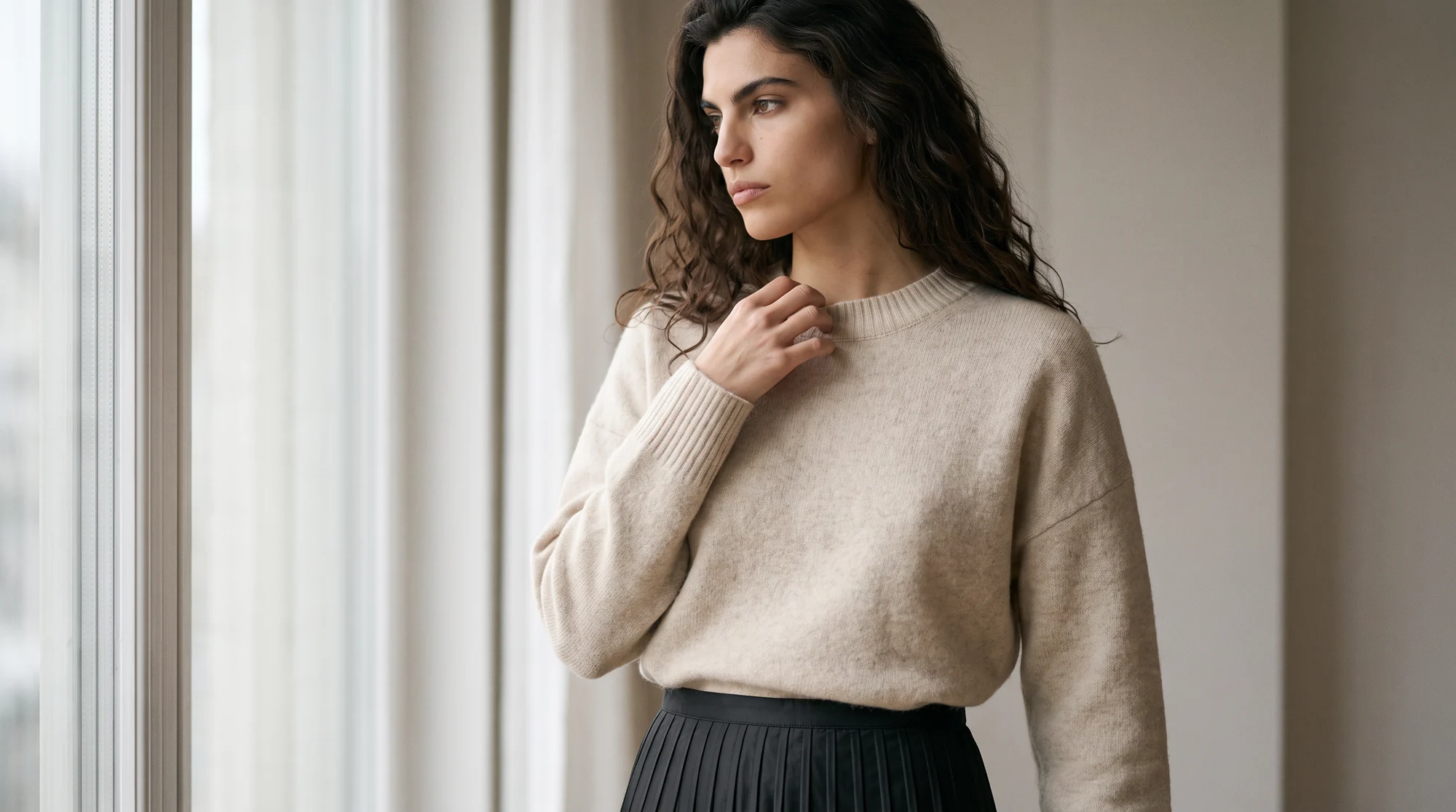 Window-light portrait of a woman in an oatmeal knit sweater with a hand at the neckline, AI fashion model
