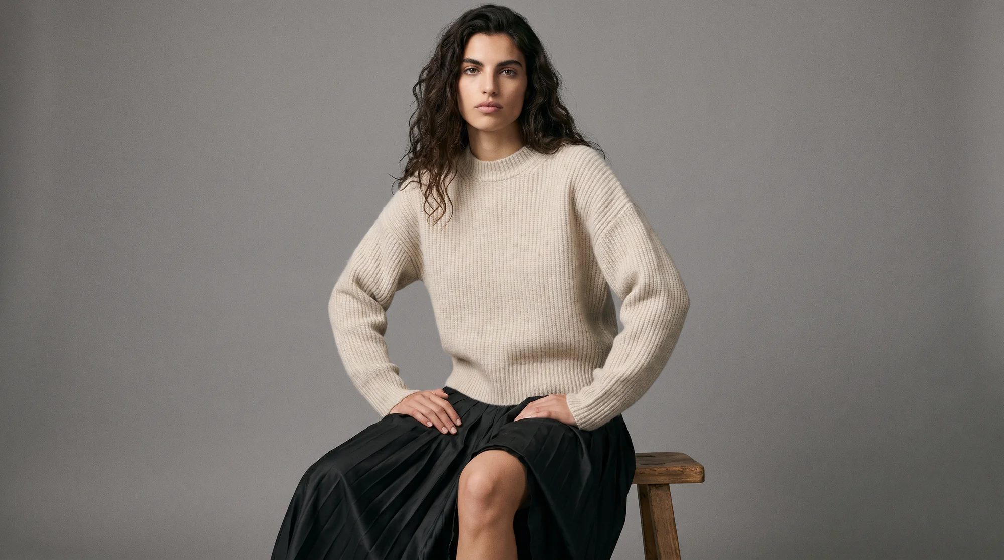 Woman in an oatmeal sweater and black pleated skirt seated on a wooden stool against a grey backdrop, AI model test shot
