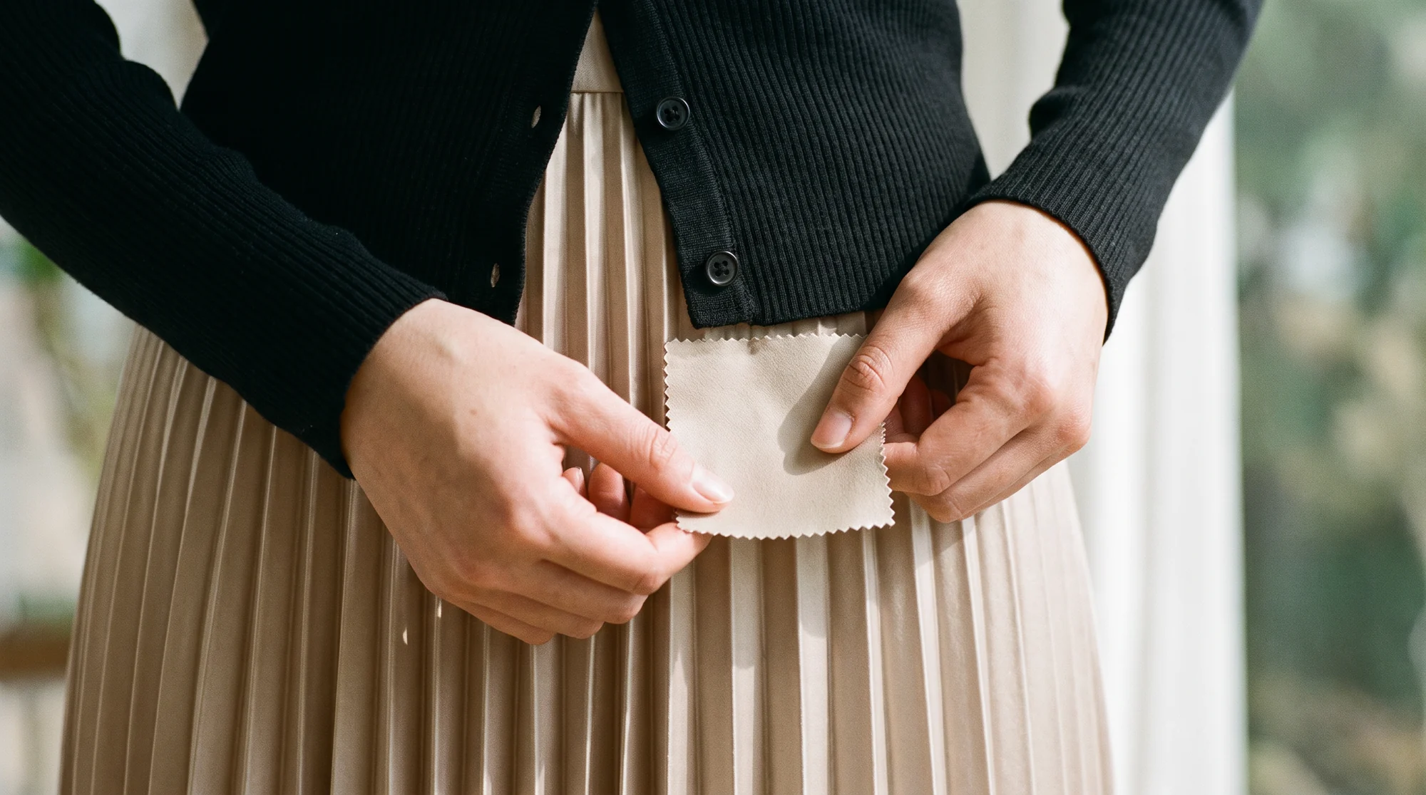 Hands holding a fabric swatch against a champagne pleated skirt, AI on-model detail shot