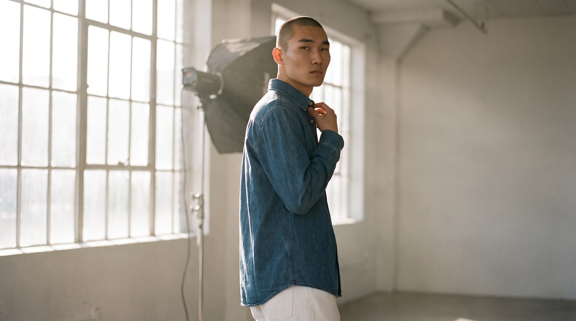 Man in a denim shirt looking over his shoulder in a bright photography loft, AI male model