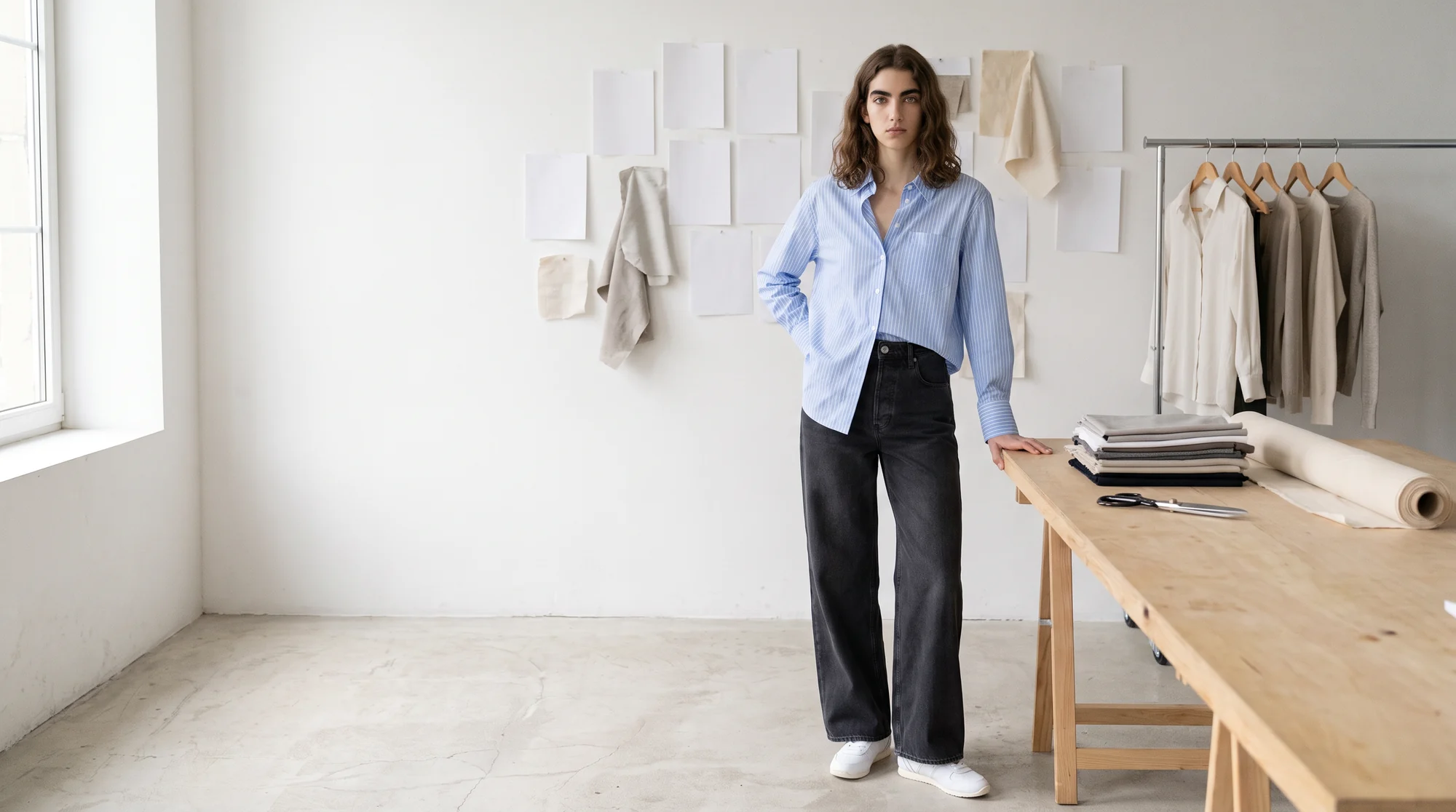 Woman in a pale blue striped shirt and washed black wide-leg jeans standing beside a worktable in a small daylight design studio, AI fashion model