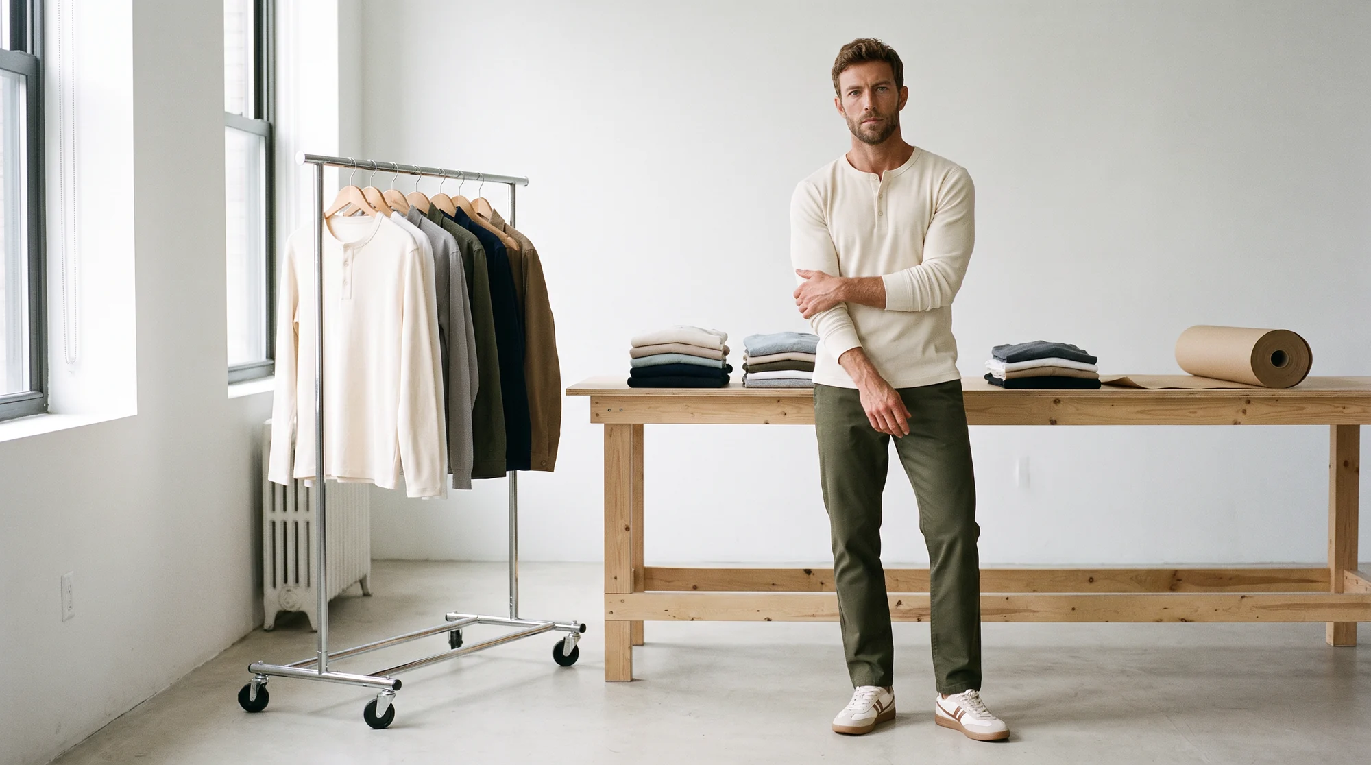 Man in a cream henley and olive chinos standing beside a packing table and garment rail in a bright sample room, AI fashion model