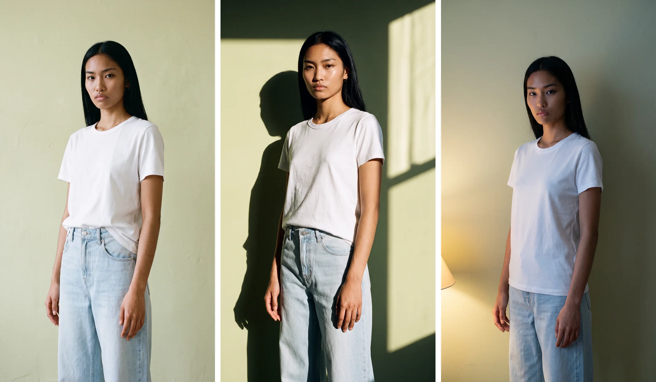 Three AI fashion model photos of the same woman in a white t-shirt and jeans under soft window light, hard direct sun and a warm table lamp