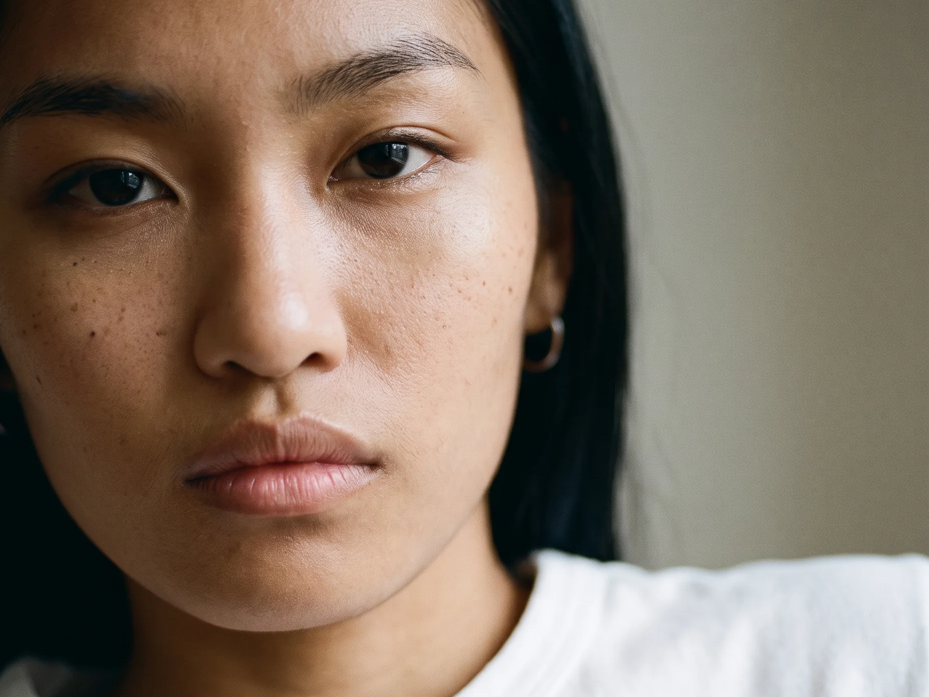 Close-up of an AI fashion model's face showing natural skin texture, freckles and fine hair in soft side light